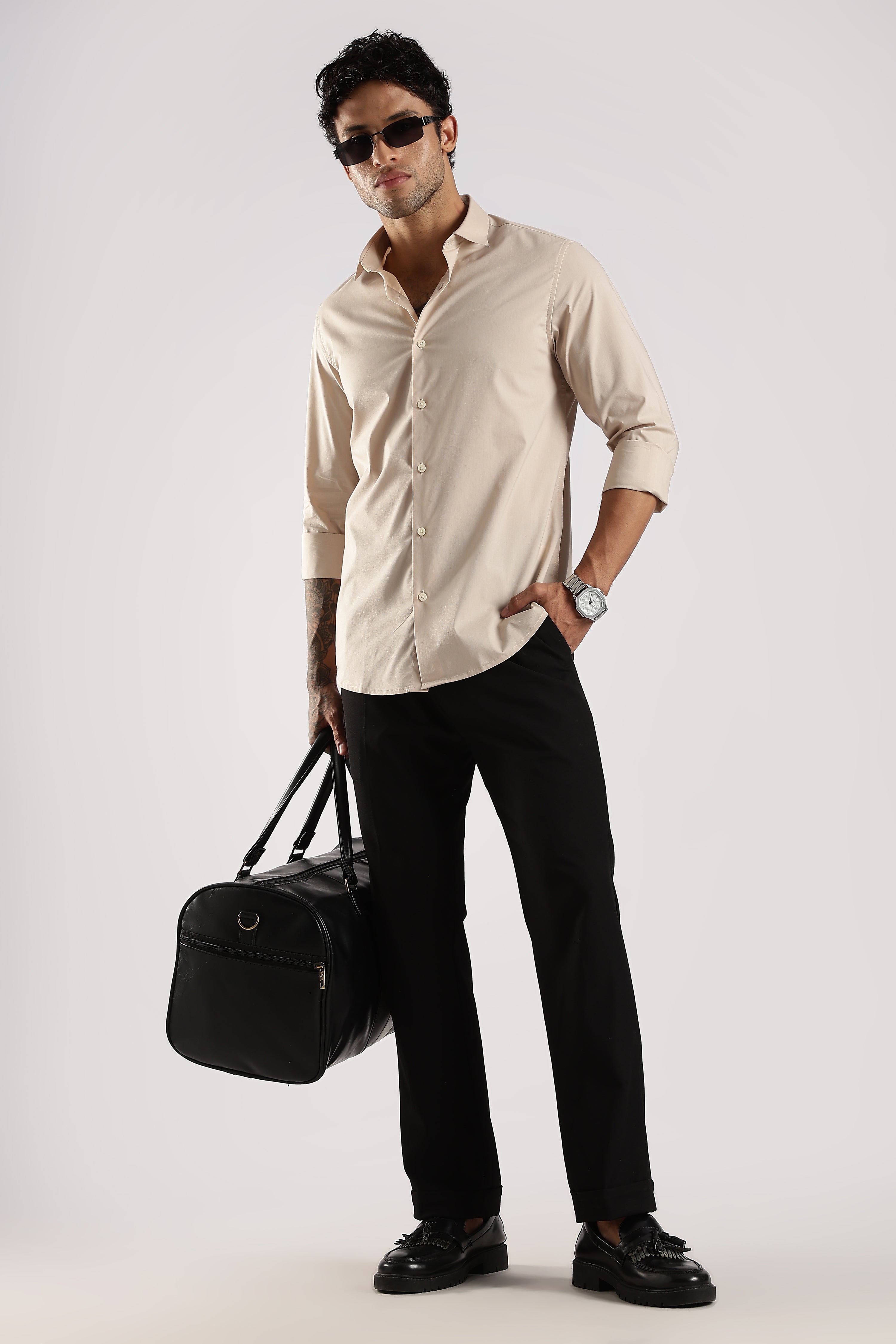 Men Cream Cotton Slim Fit Shirt