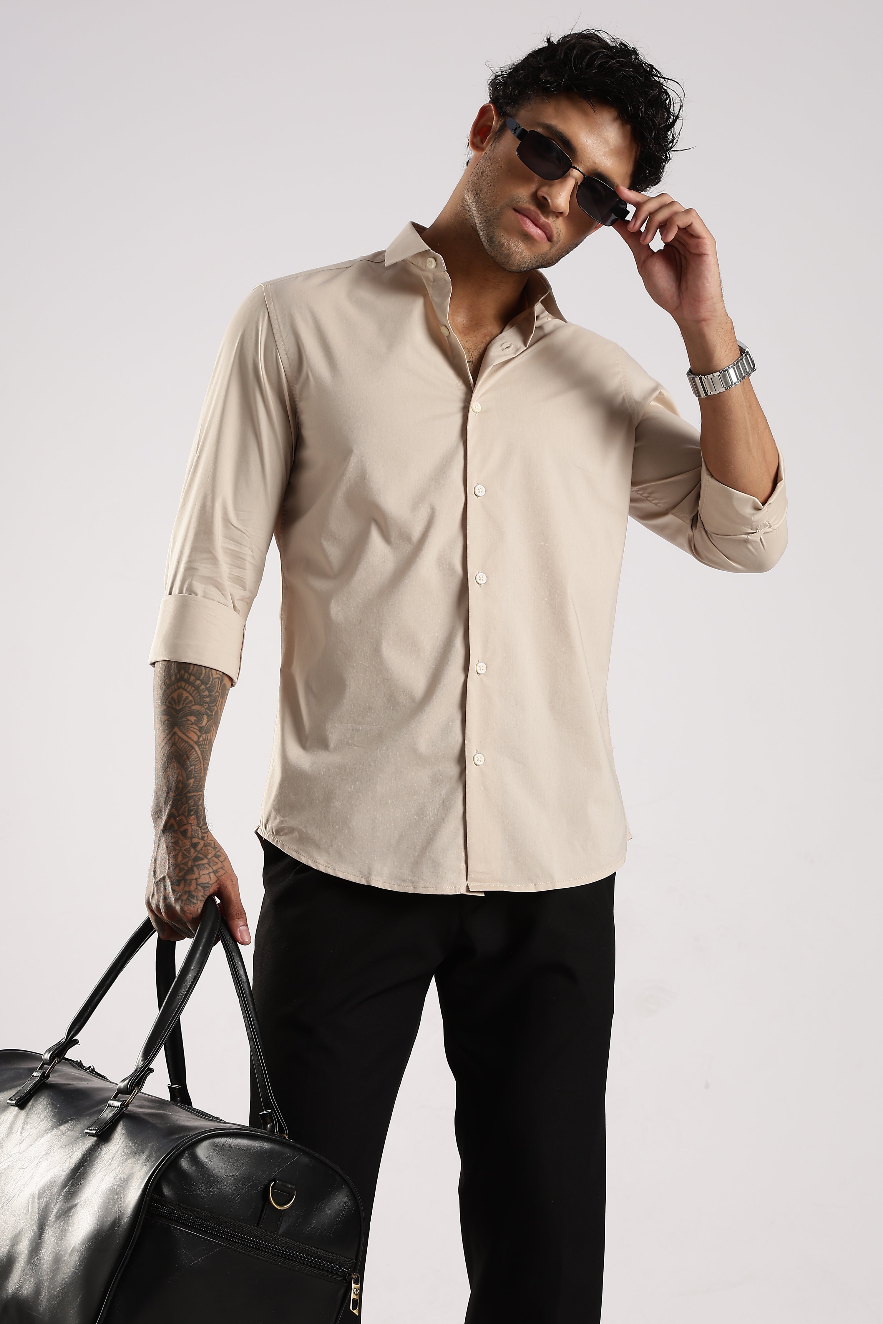 Men Cream Cotton Slim Fit Shirt