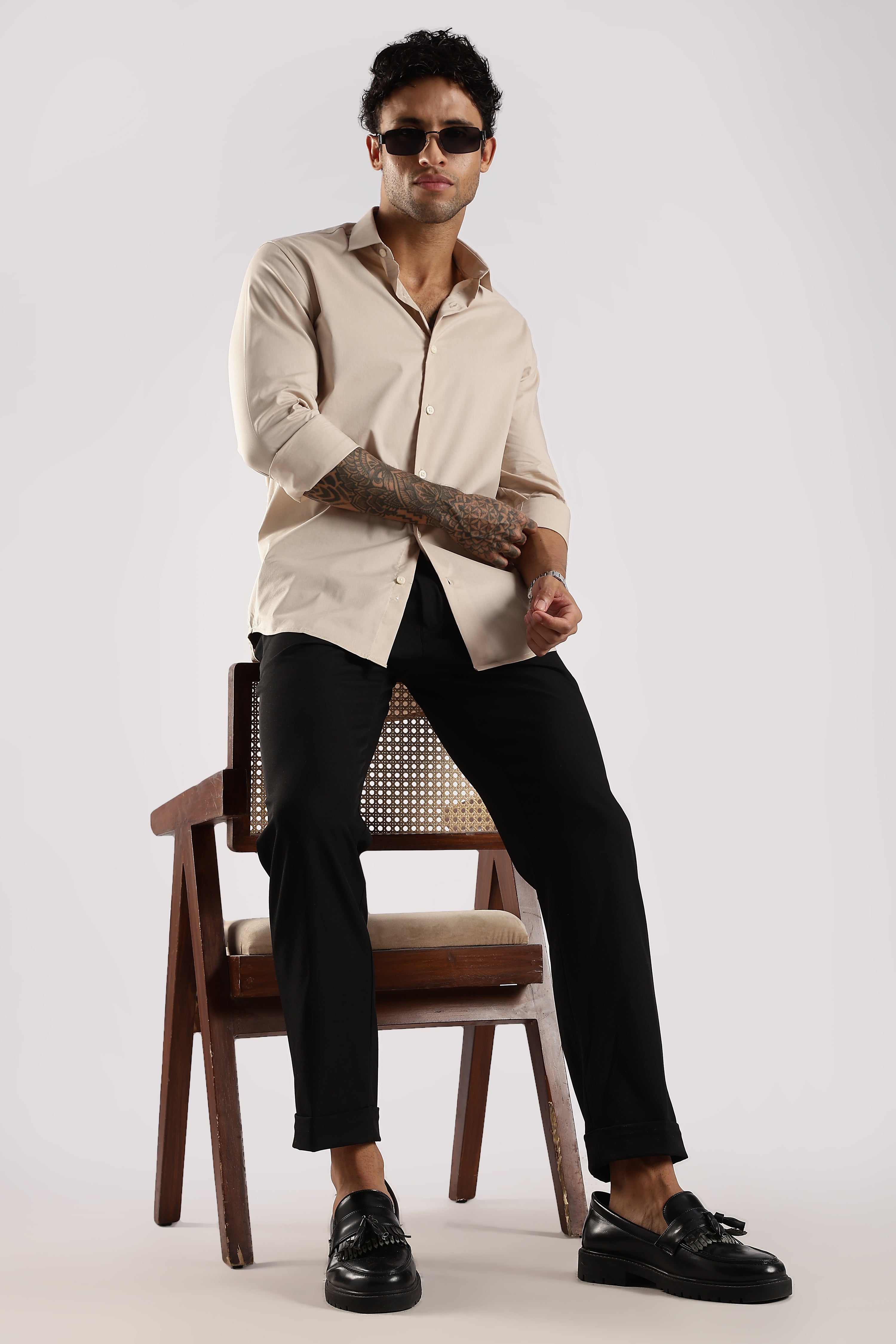 Men Cream Cotton Slim Fit Shirt