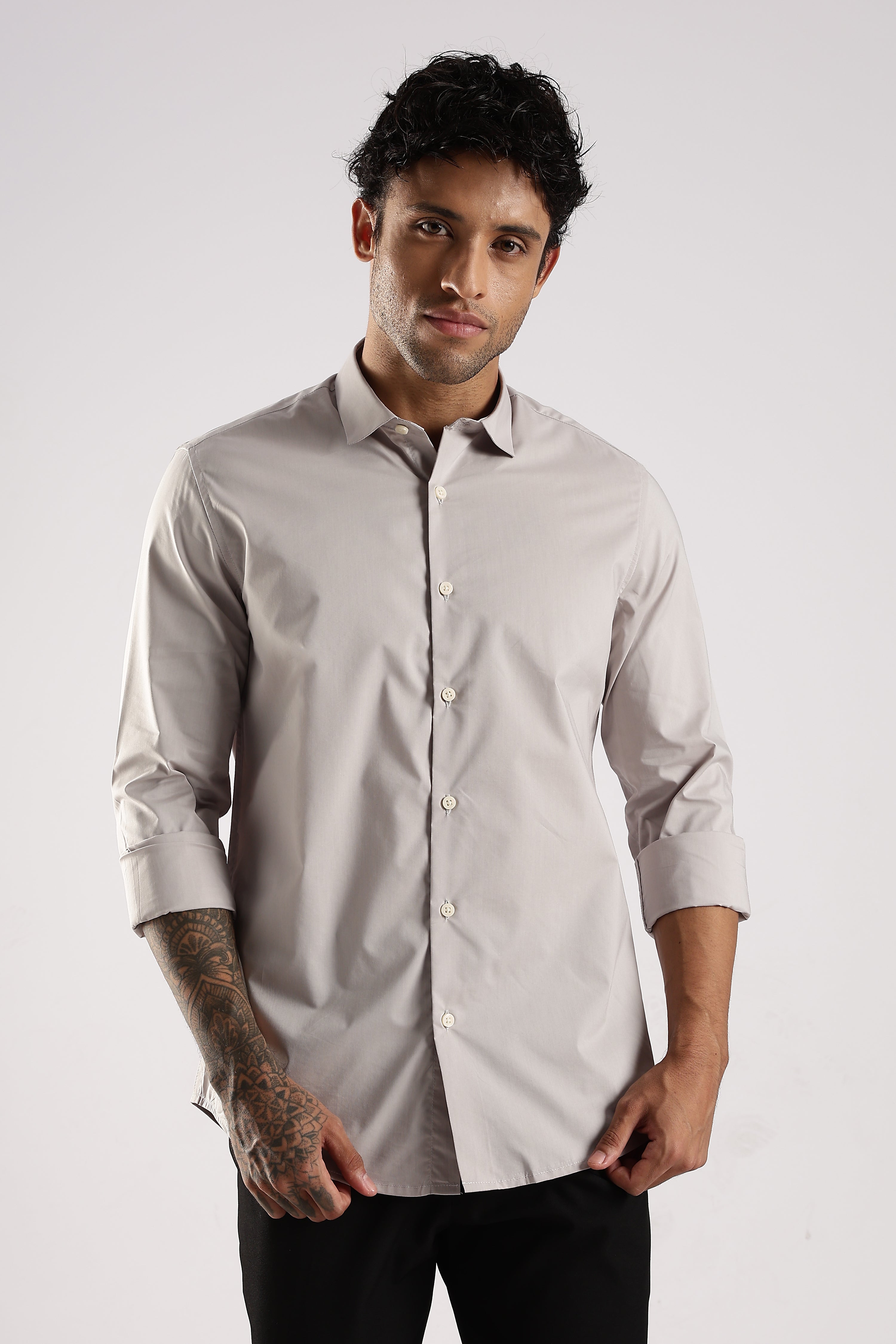 Men Grey Cotton Slim Fit Shirt