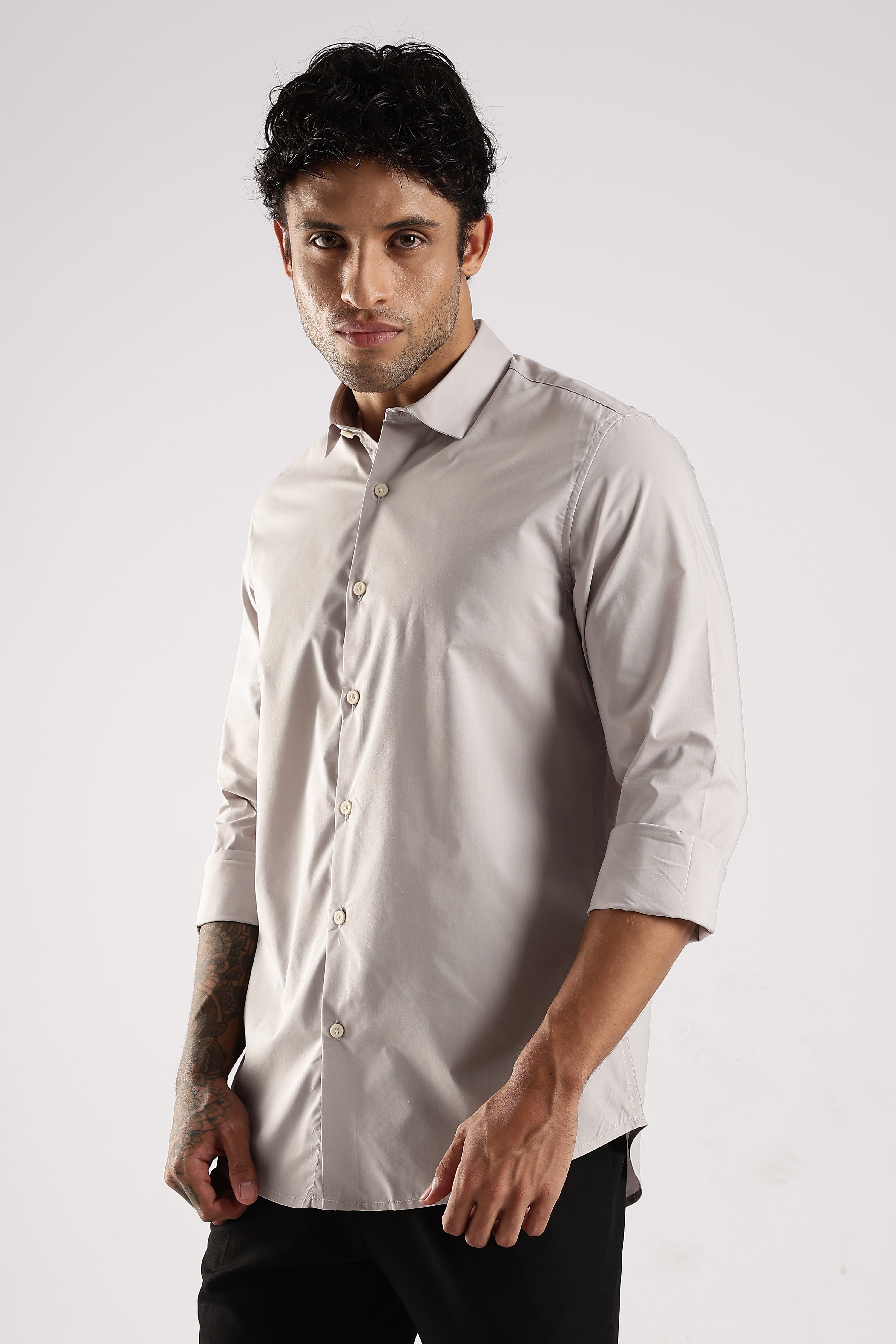 Men Grey Cotton Slim Fit Shirt