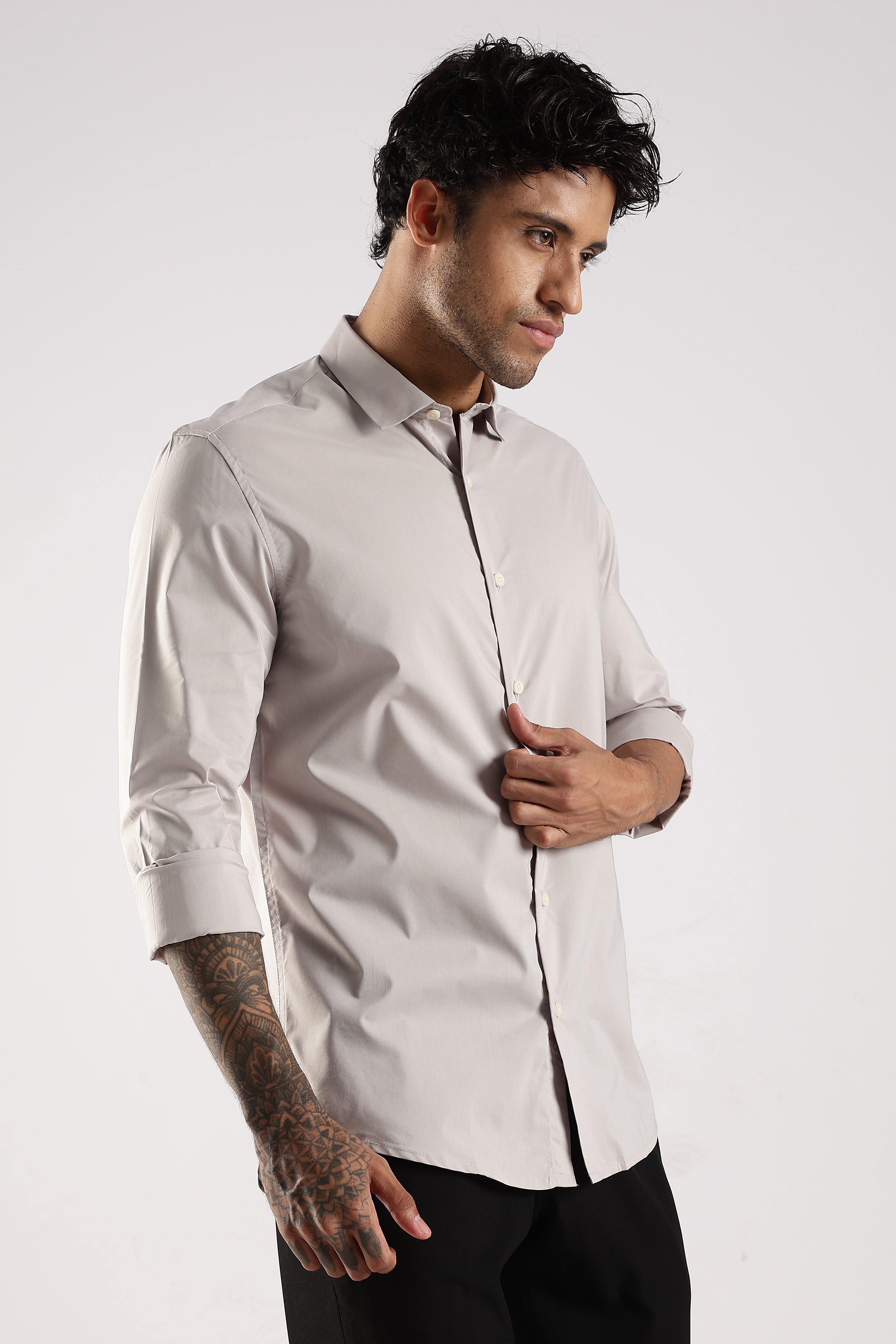 Men Grey Cotton Slim Fit Shirt
