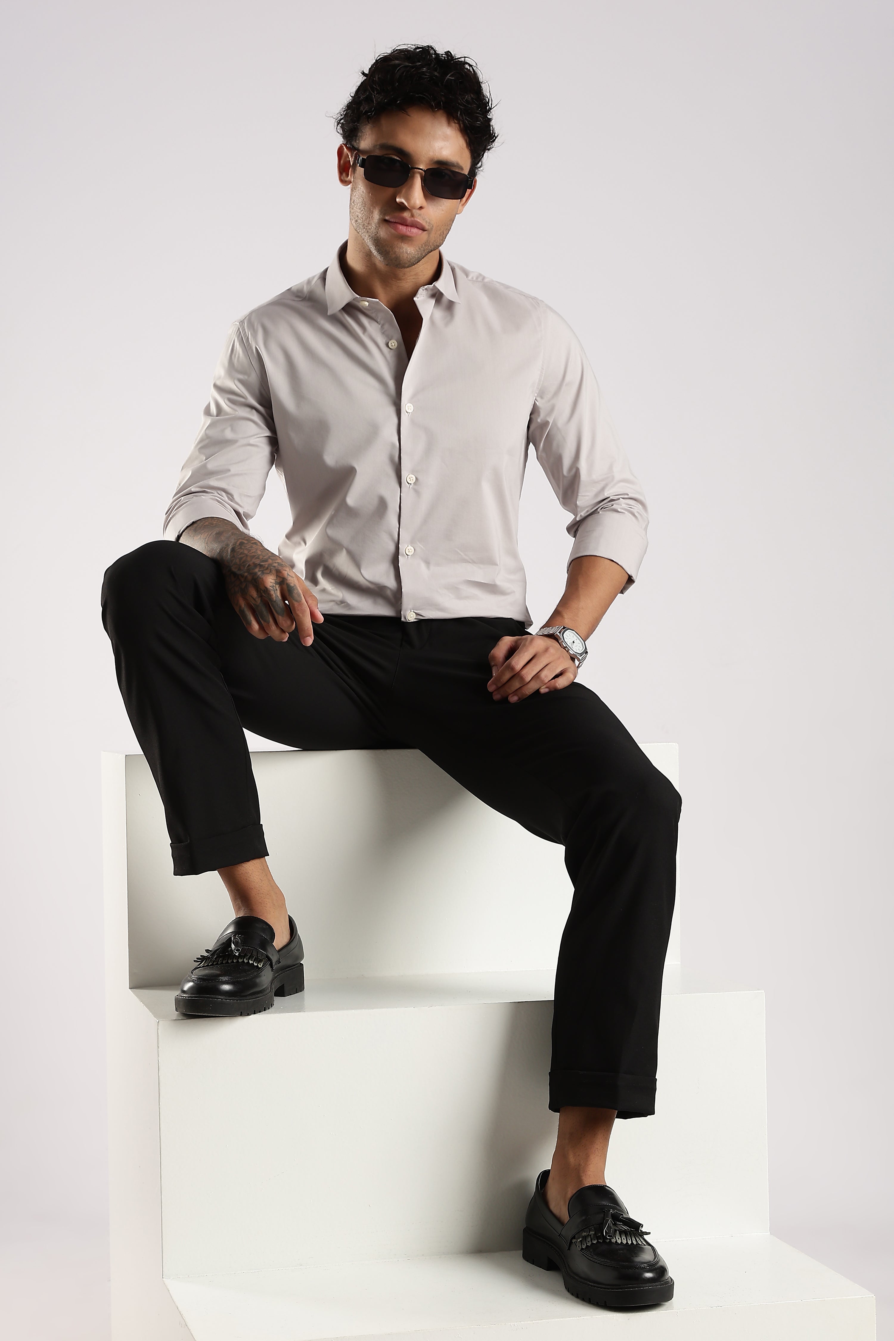 Men Grey Cotton Slim Fit Shirt