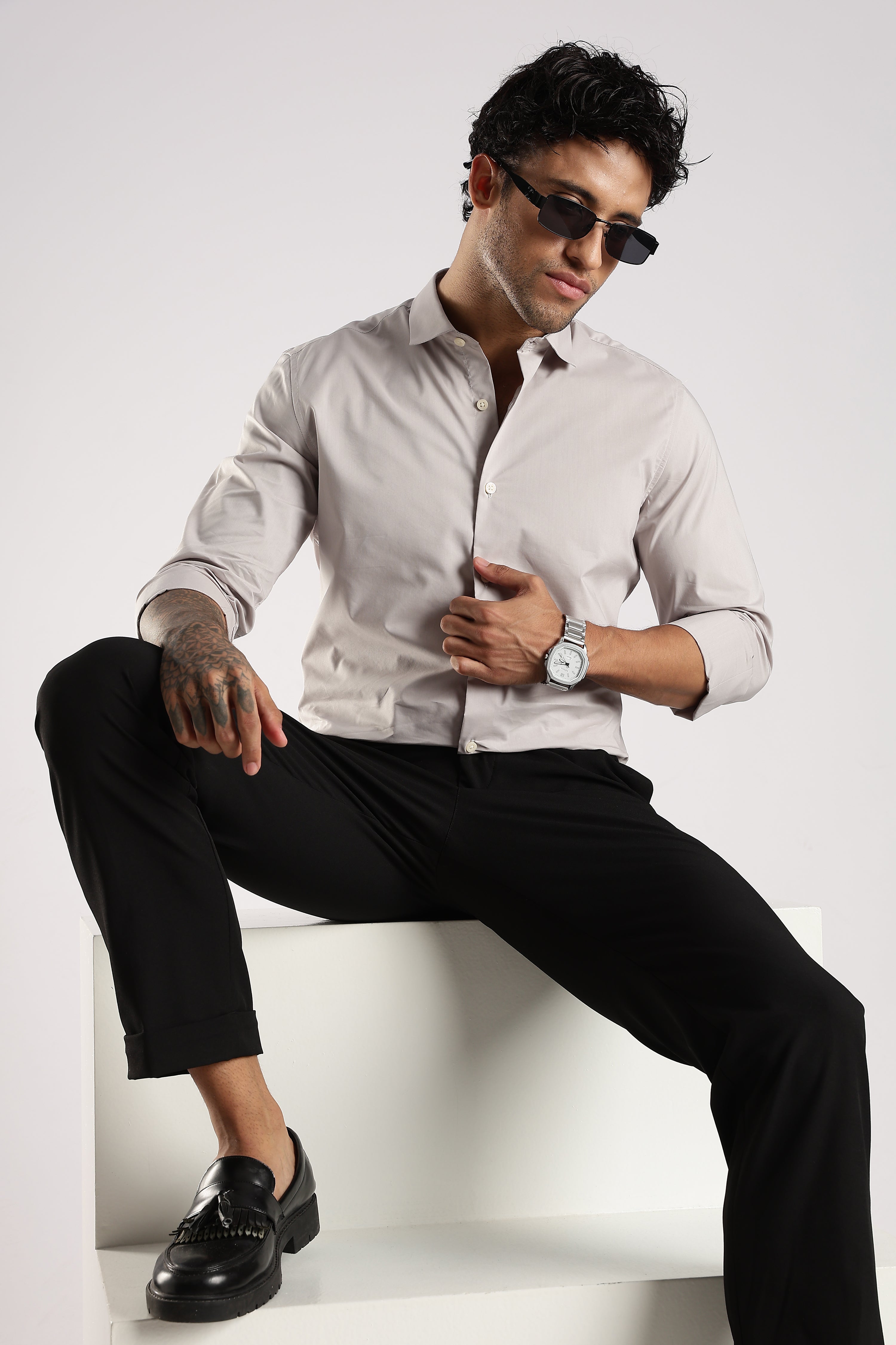 Men Grey Cotton Slim Fit Shirt