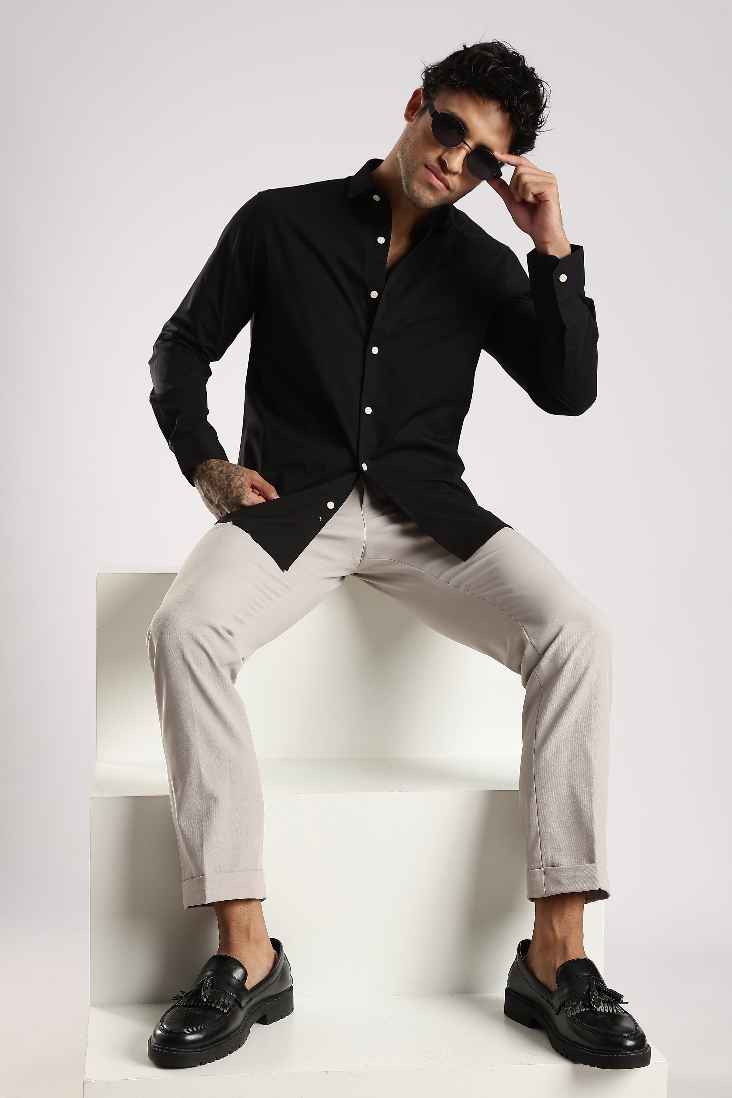 Men Black Cotton Slim Fit Shirt