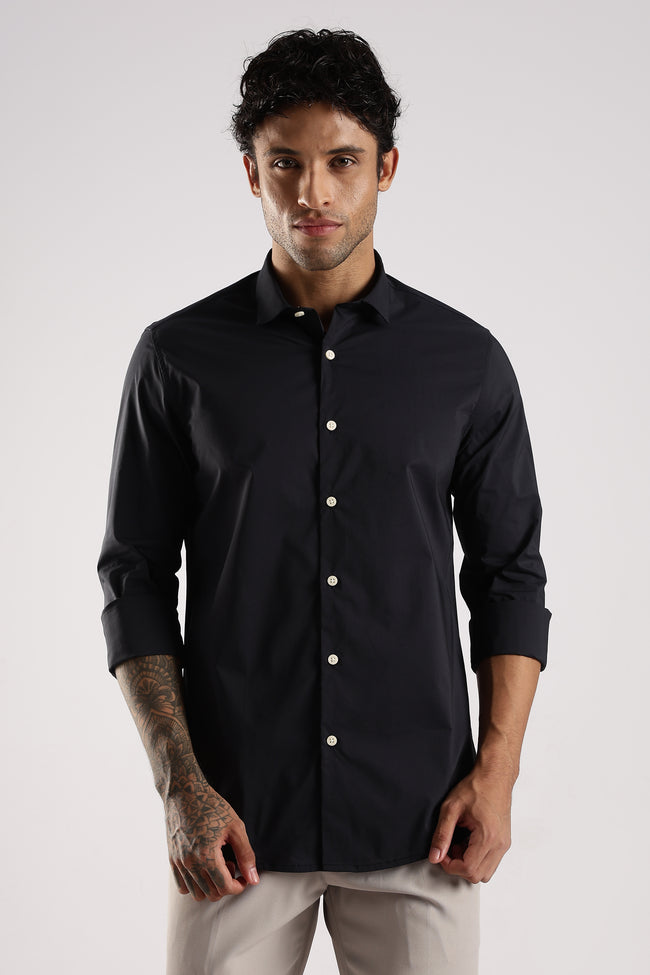 Men Navy Blue Cotton Slim Fit Shirt