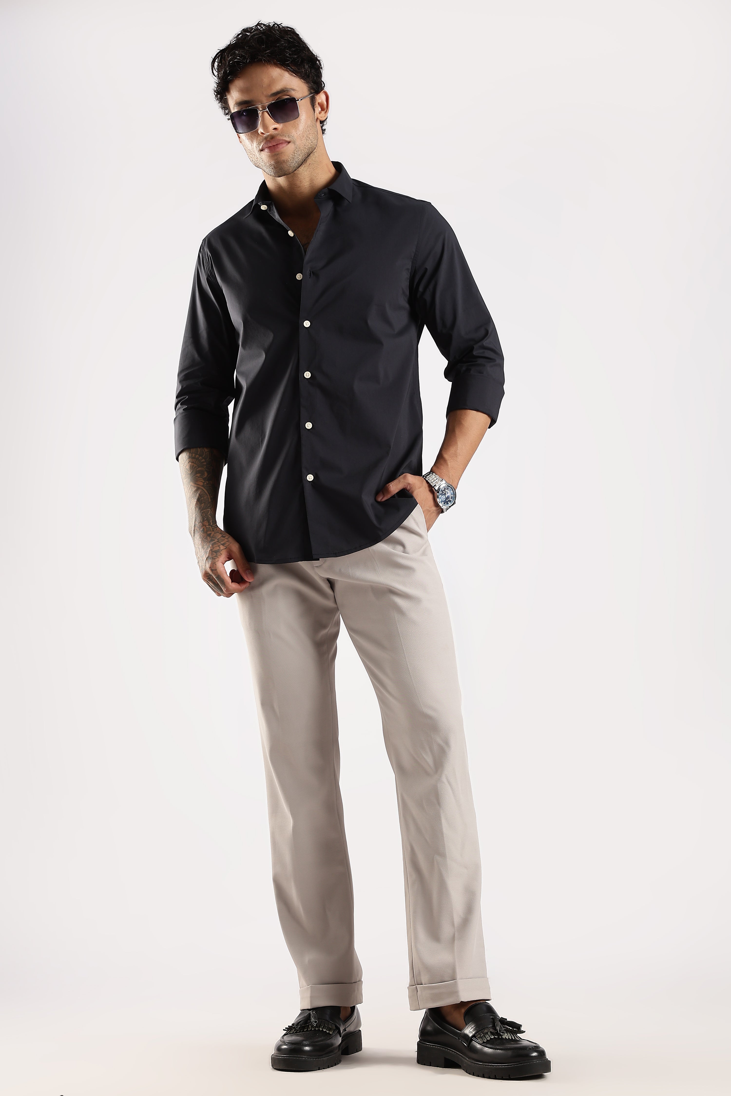 Men Navy Blue Cotton Slim Fit Shirt
