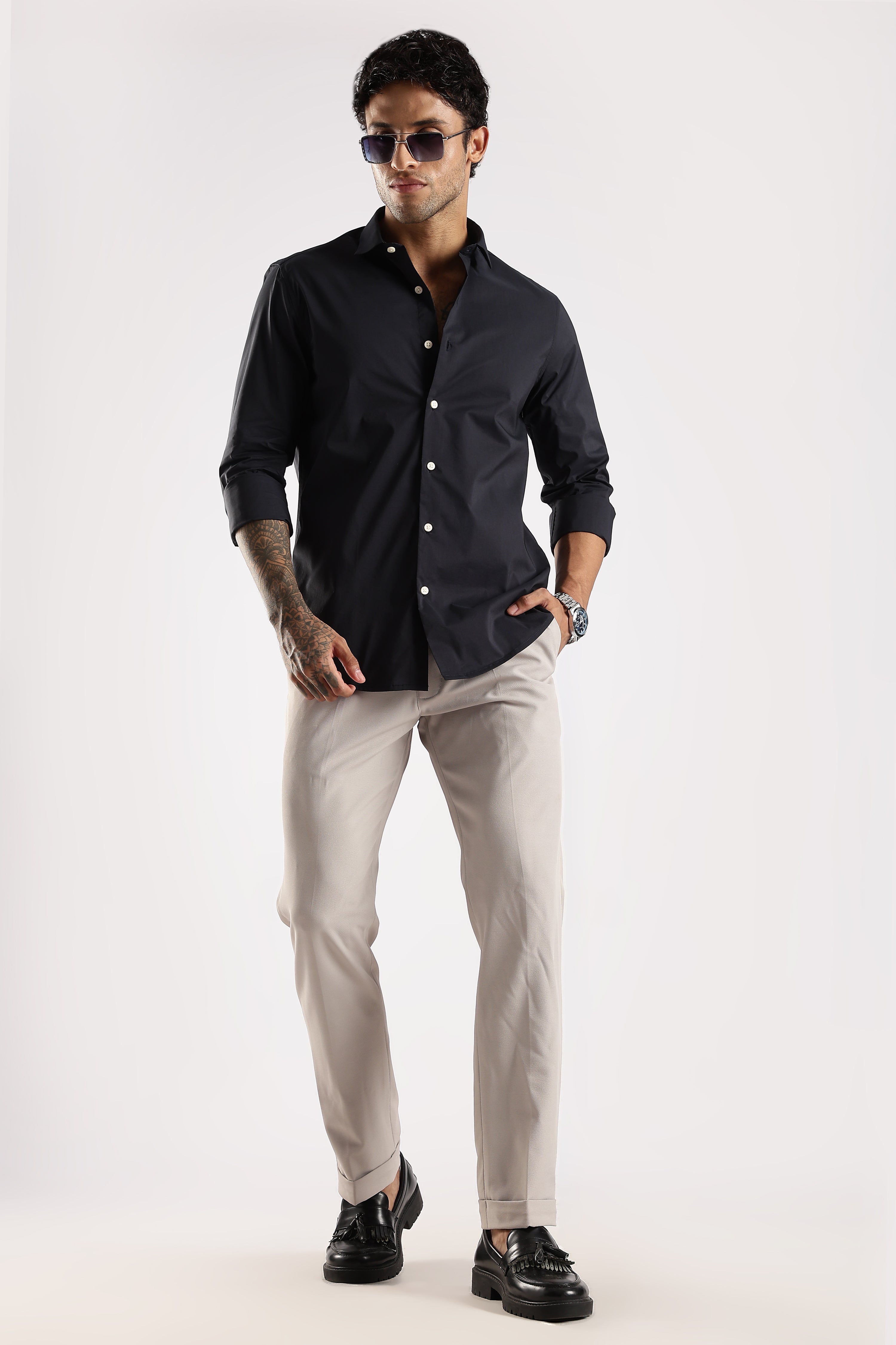 Men Navy Blue Cotton Slim Fit Shirt