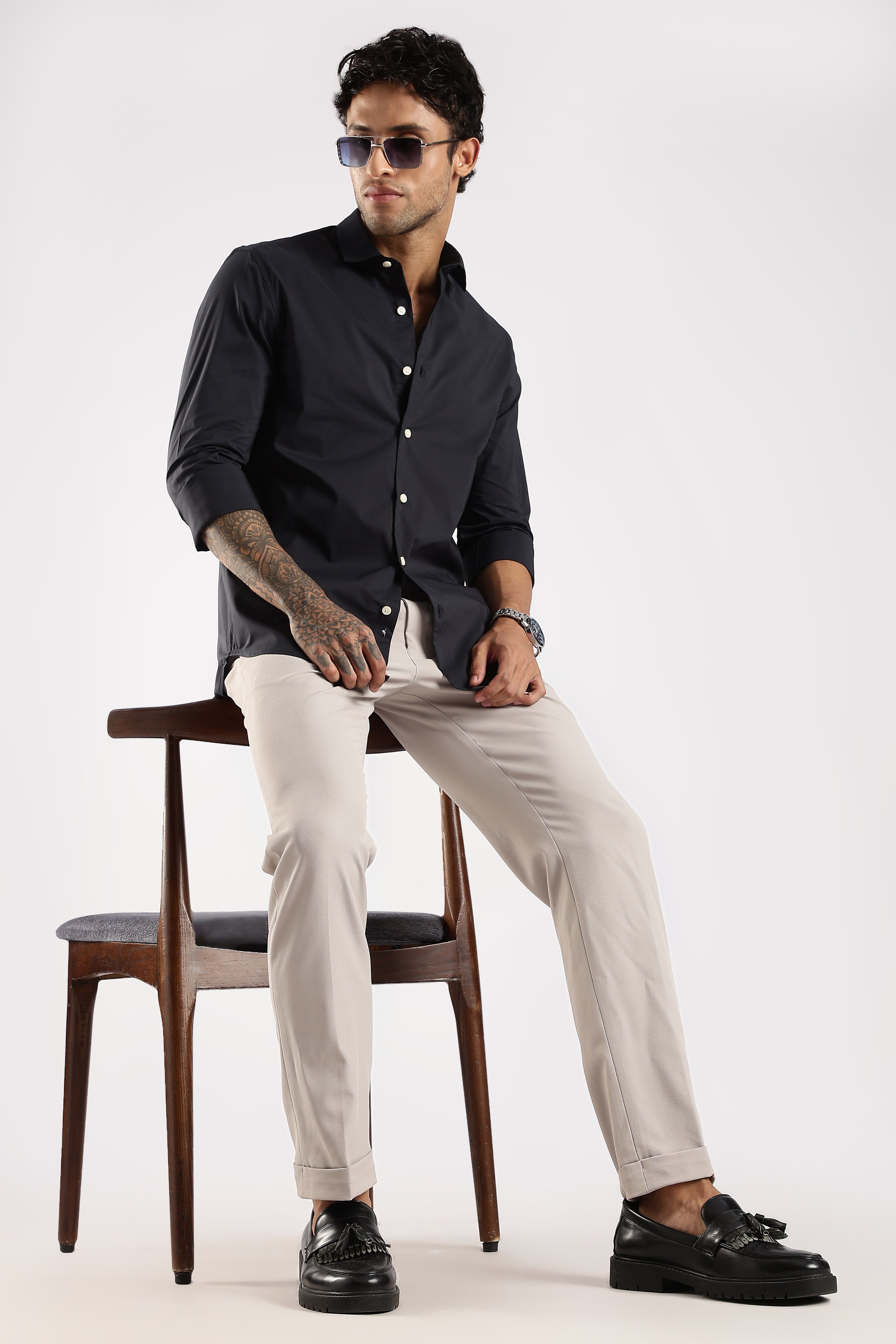 Men Navy Blue Cotton Slim Fit Shirt