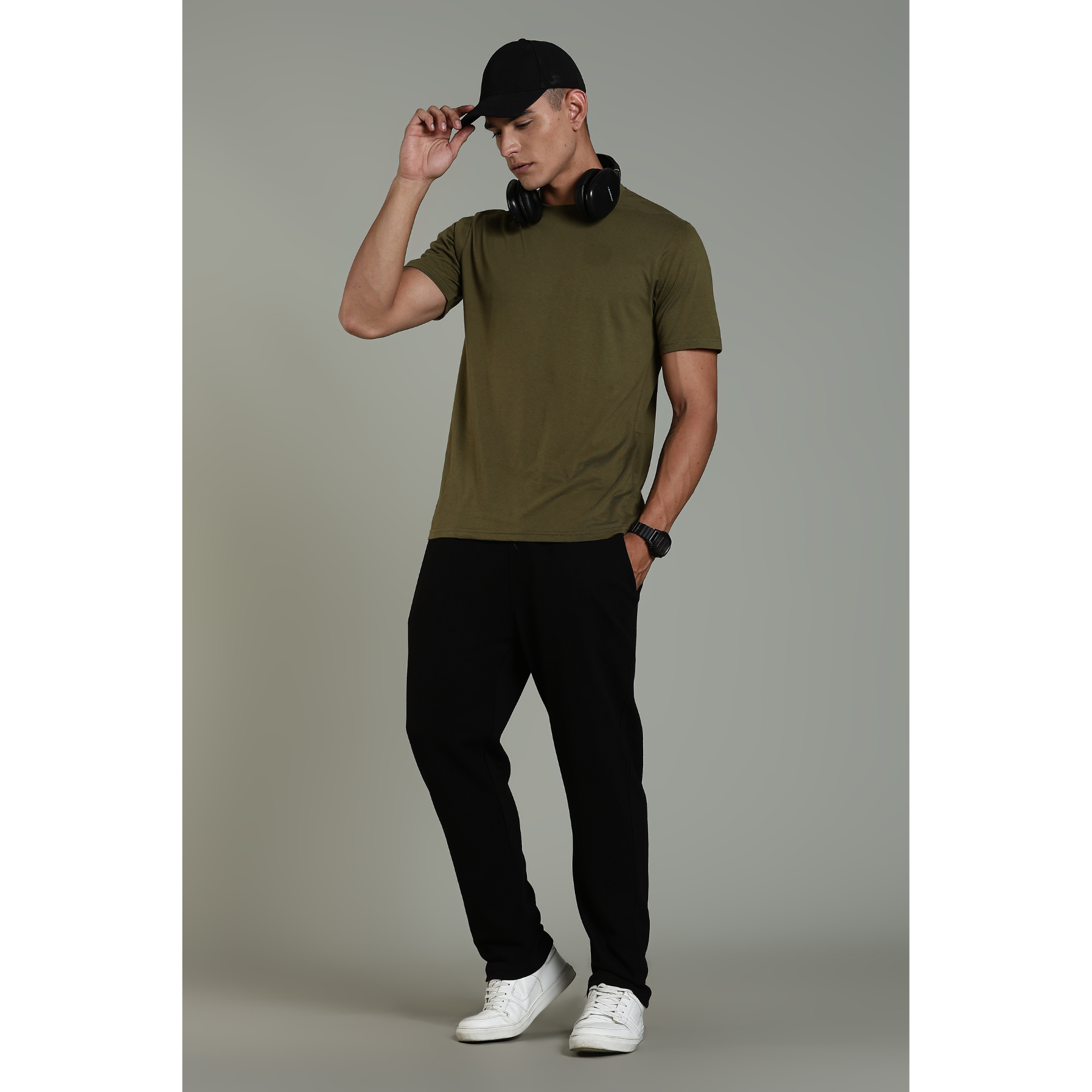 Men Olive Cotton Regular T-Shirt