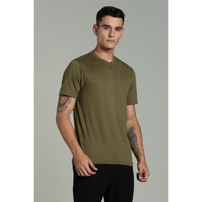 Men Olive Cotton Regular T-Shirt