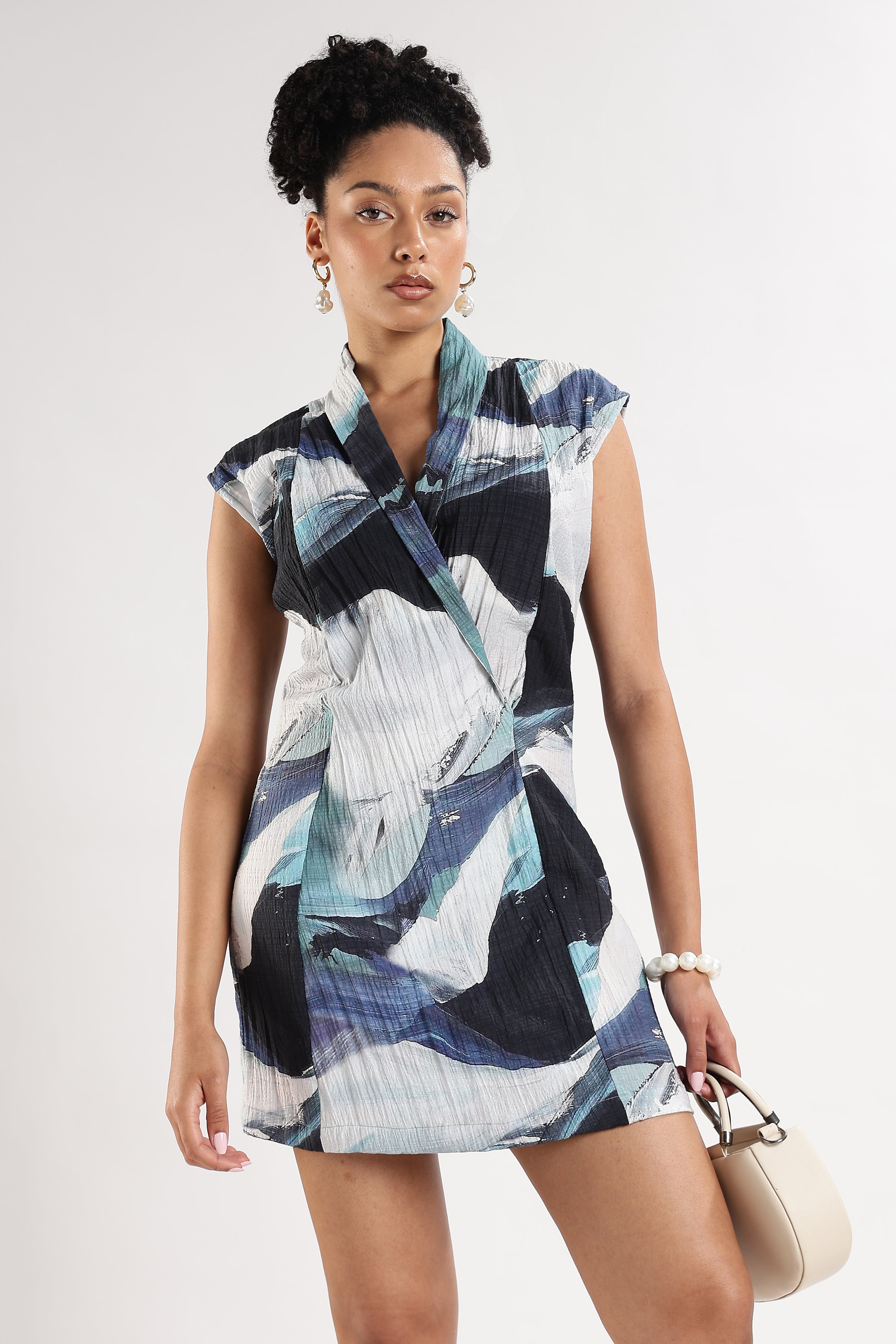 Women Blue Wrap Collar Dress