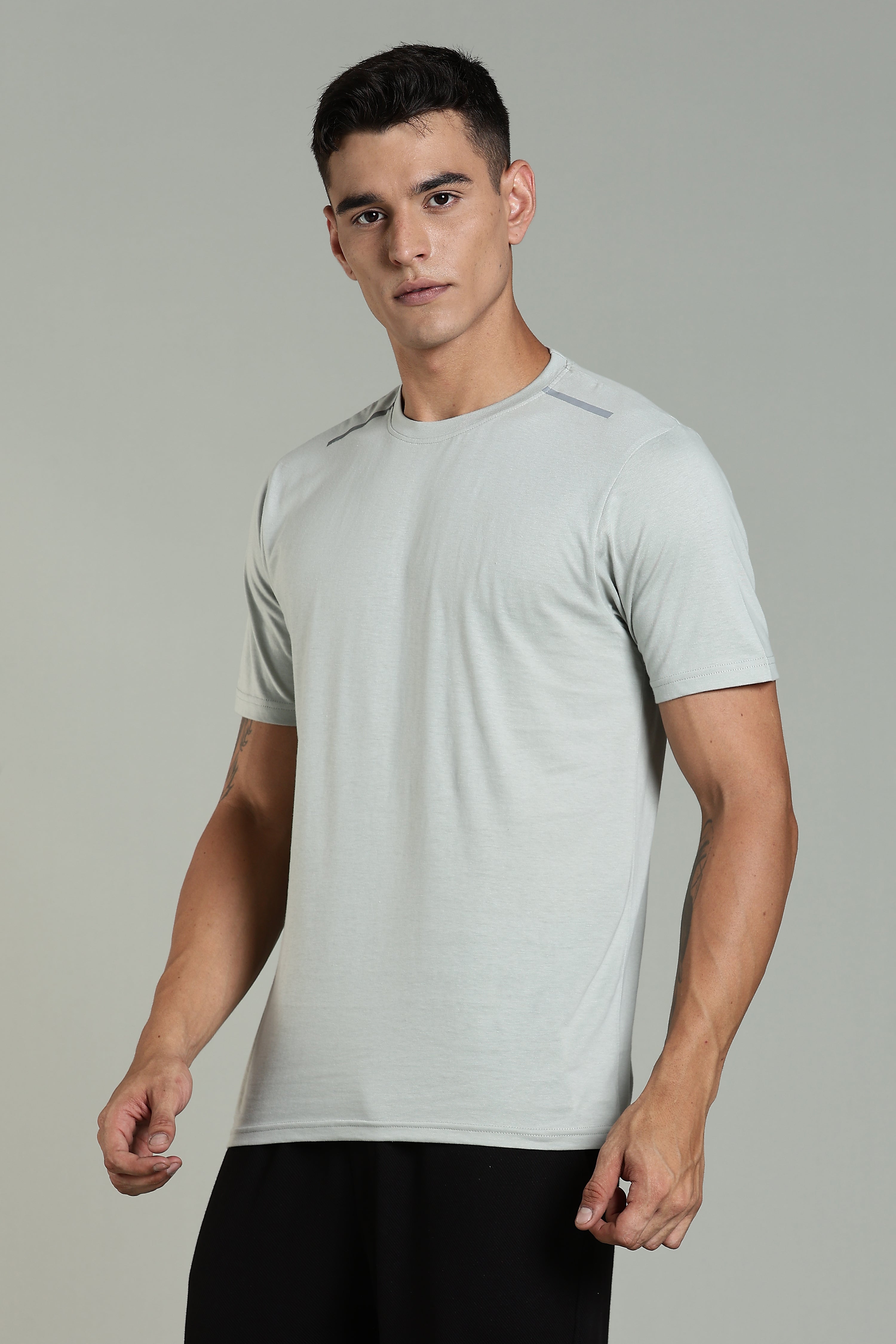 Mens Grey Cotton Regular T-Shirt