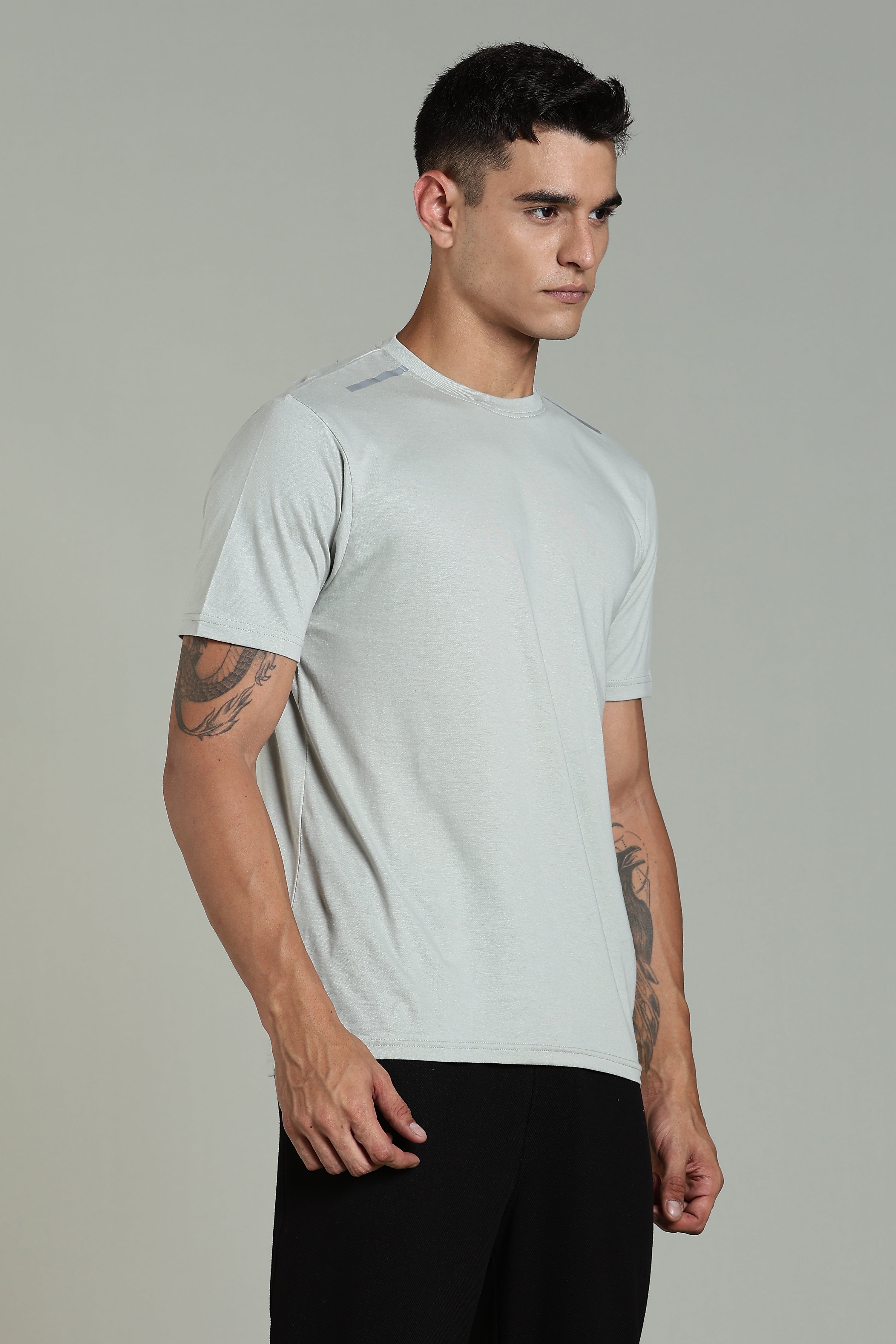 Mens Grey Cotton Regular T-Shirt