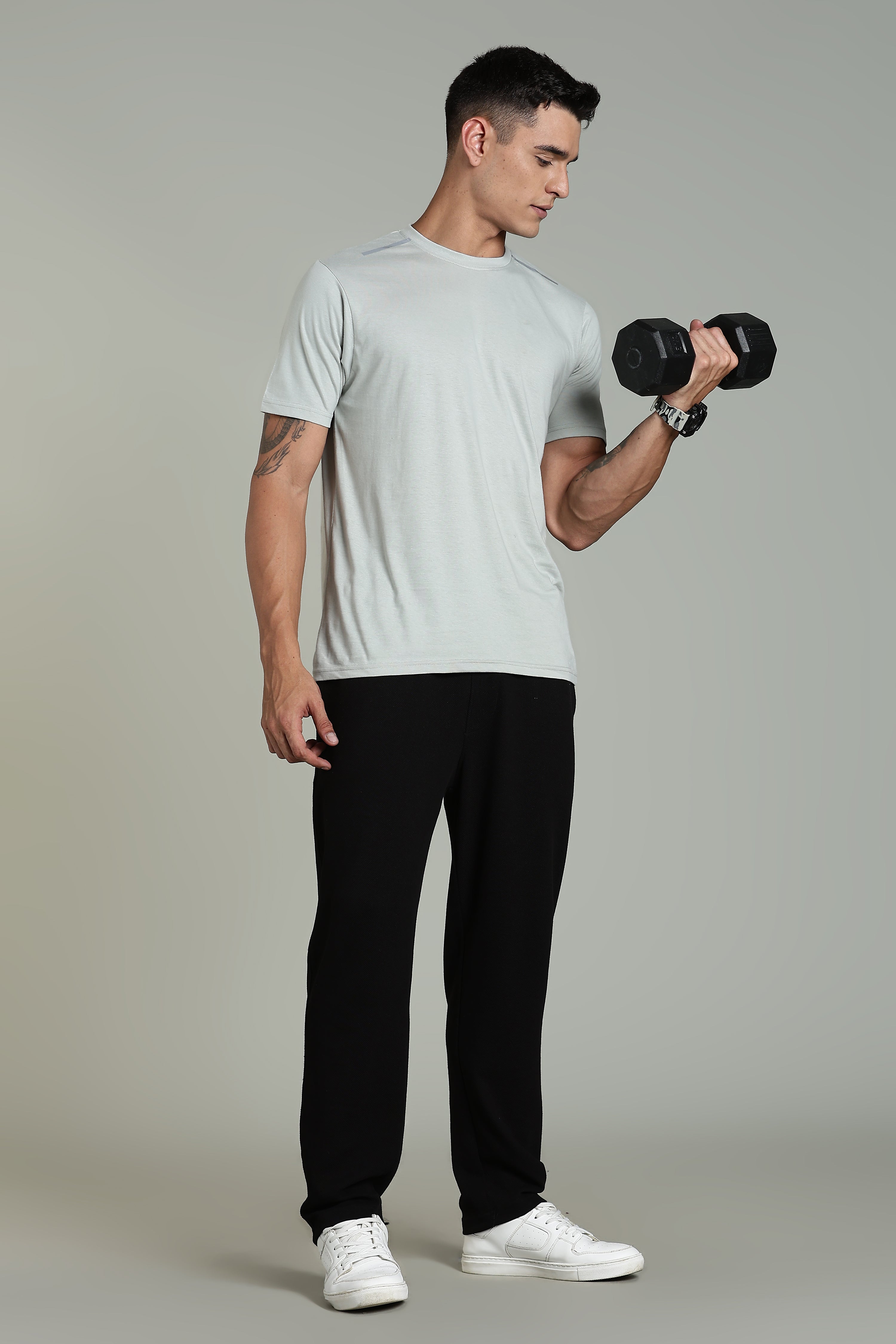 Mens Grey Cotton Regular T-Shirt