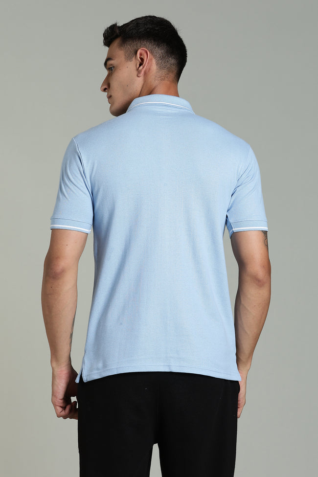 Men Solid Sky Blue Cotton Blend Tshirt