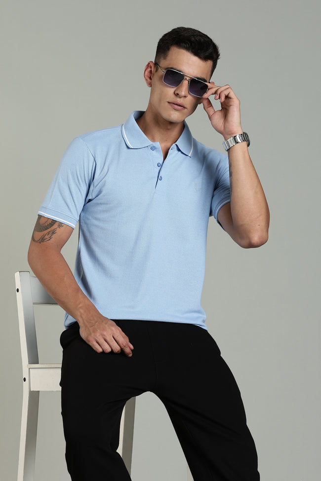 Men Solid Sky Blue Cotton Blend Tshirt