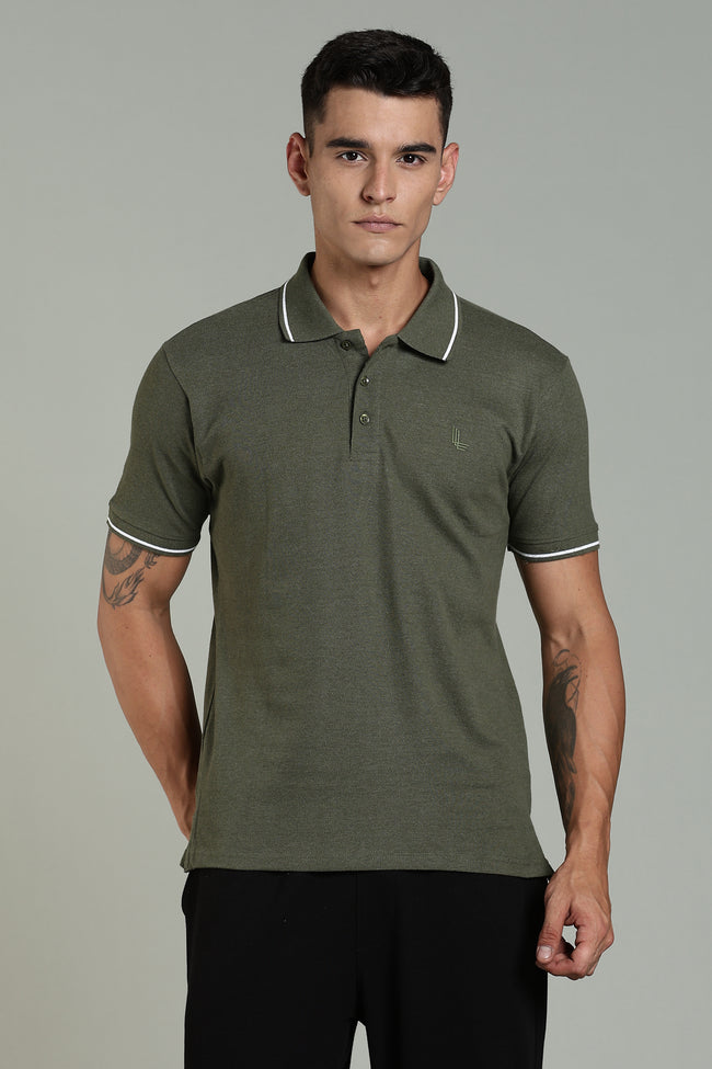 Men Solid Olive Cotton Blend Tshirt