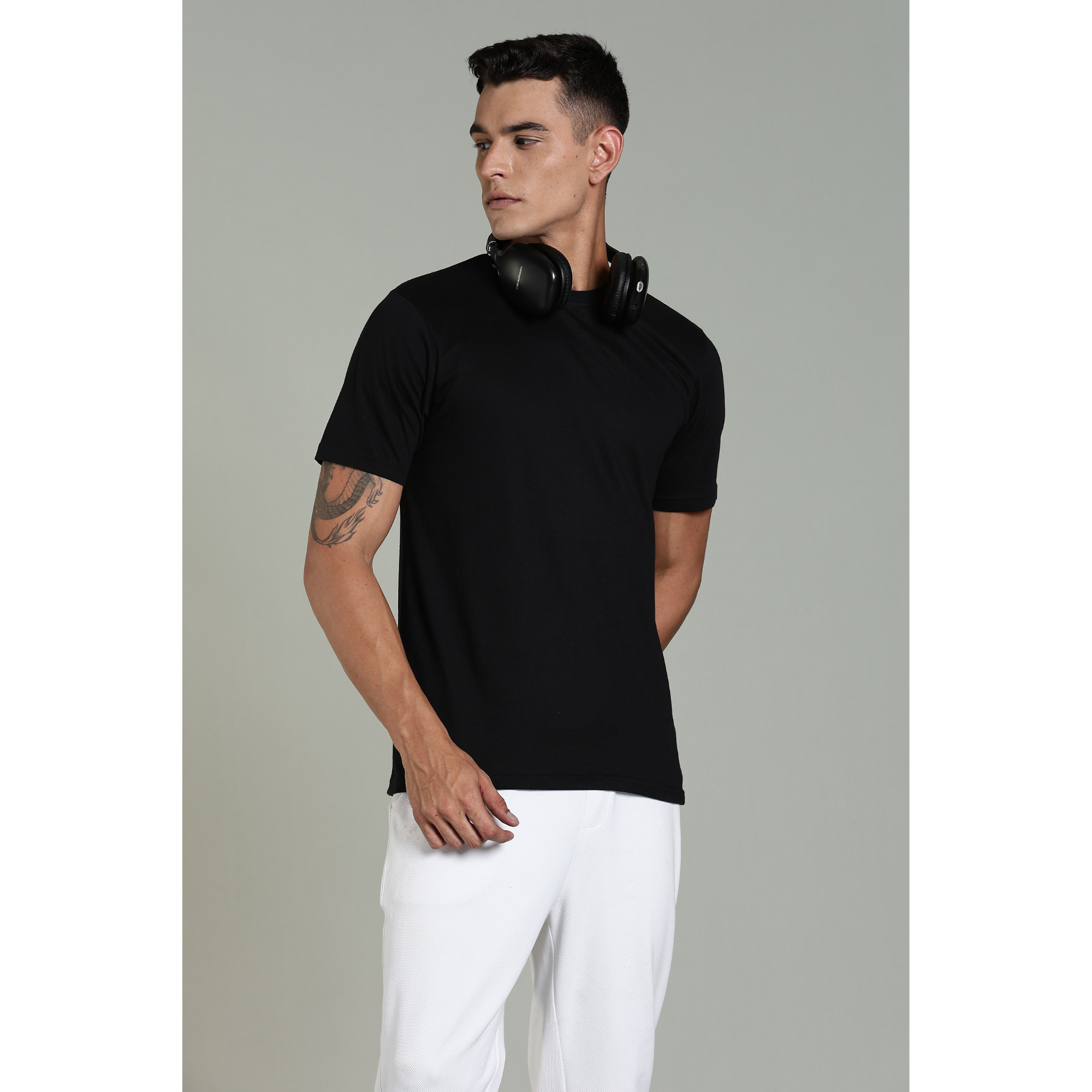 Mens Black Cotton Regular T-Shirt