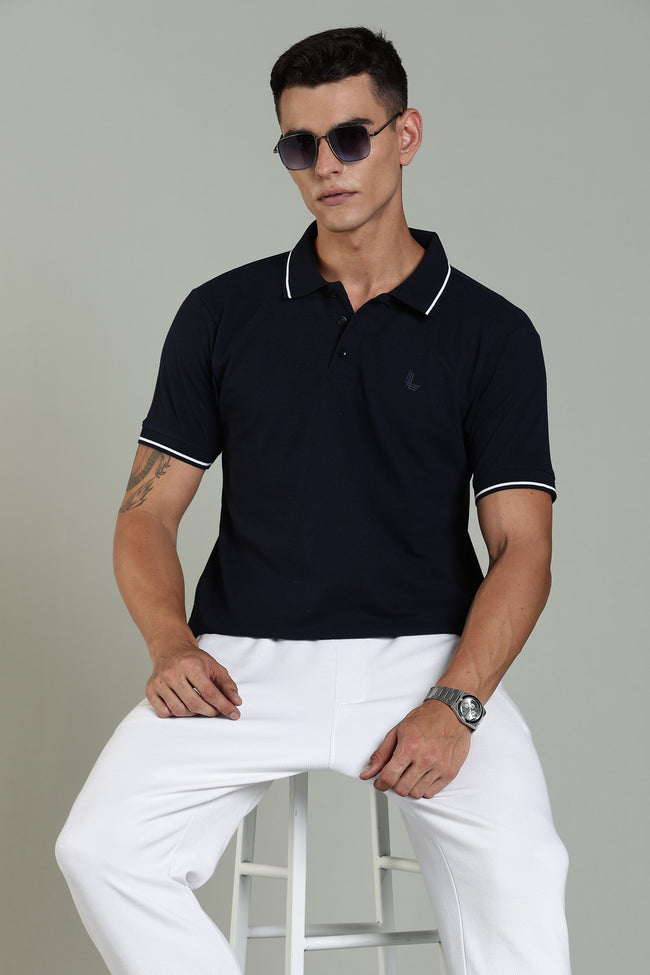 Men Navy Blue Cotton Regular T-Shirt