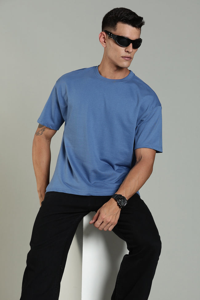 Mens Blue Cotton Oversized T-Shirt