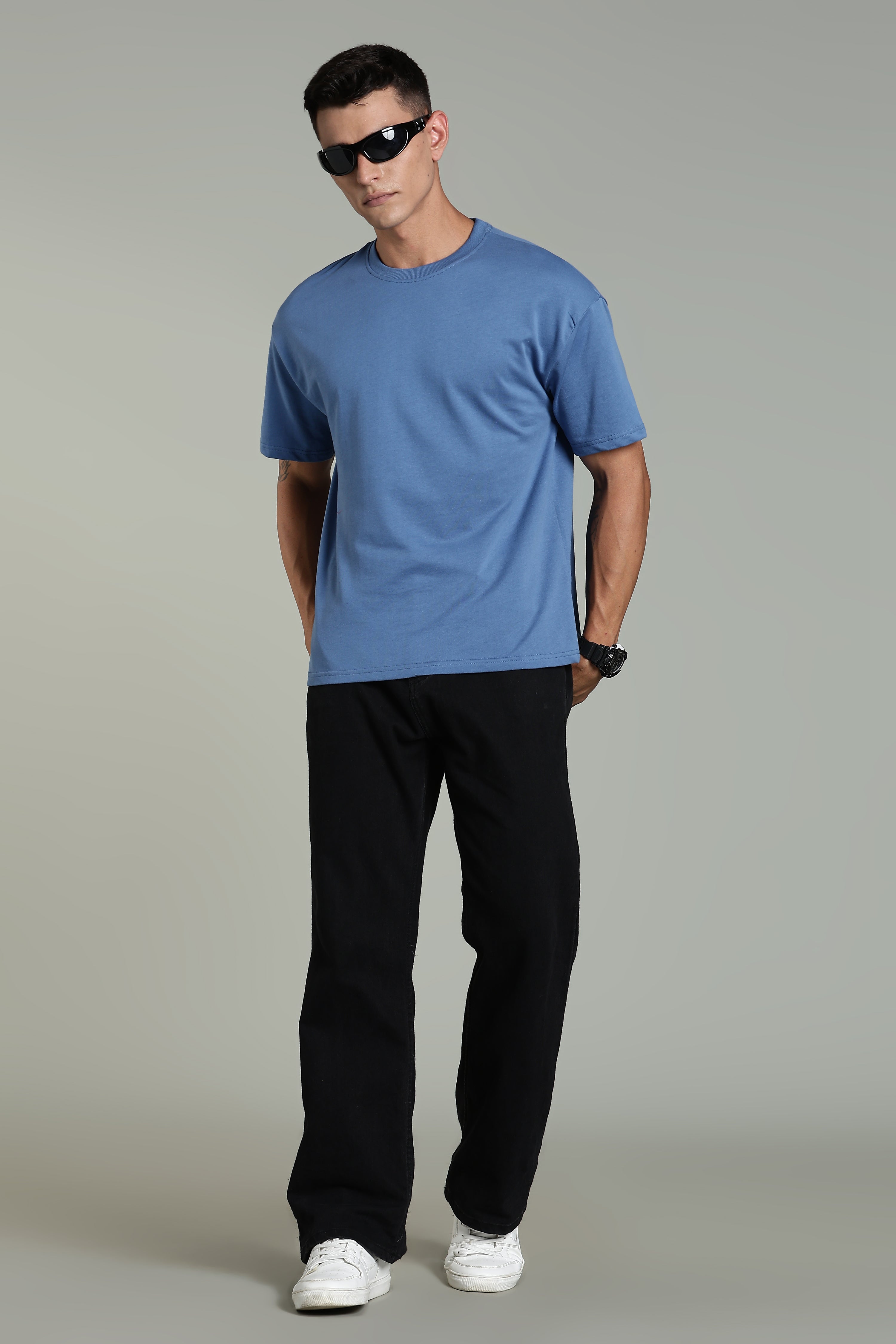 Mens Blue Cotton Oversized T-Shirt
