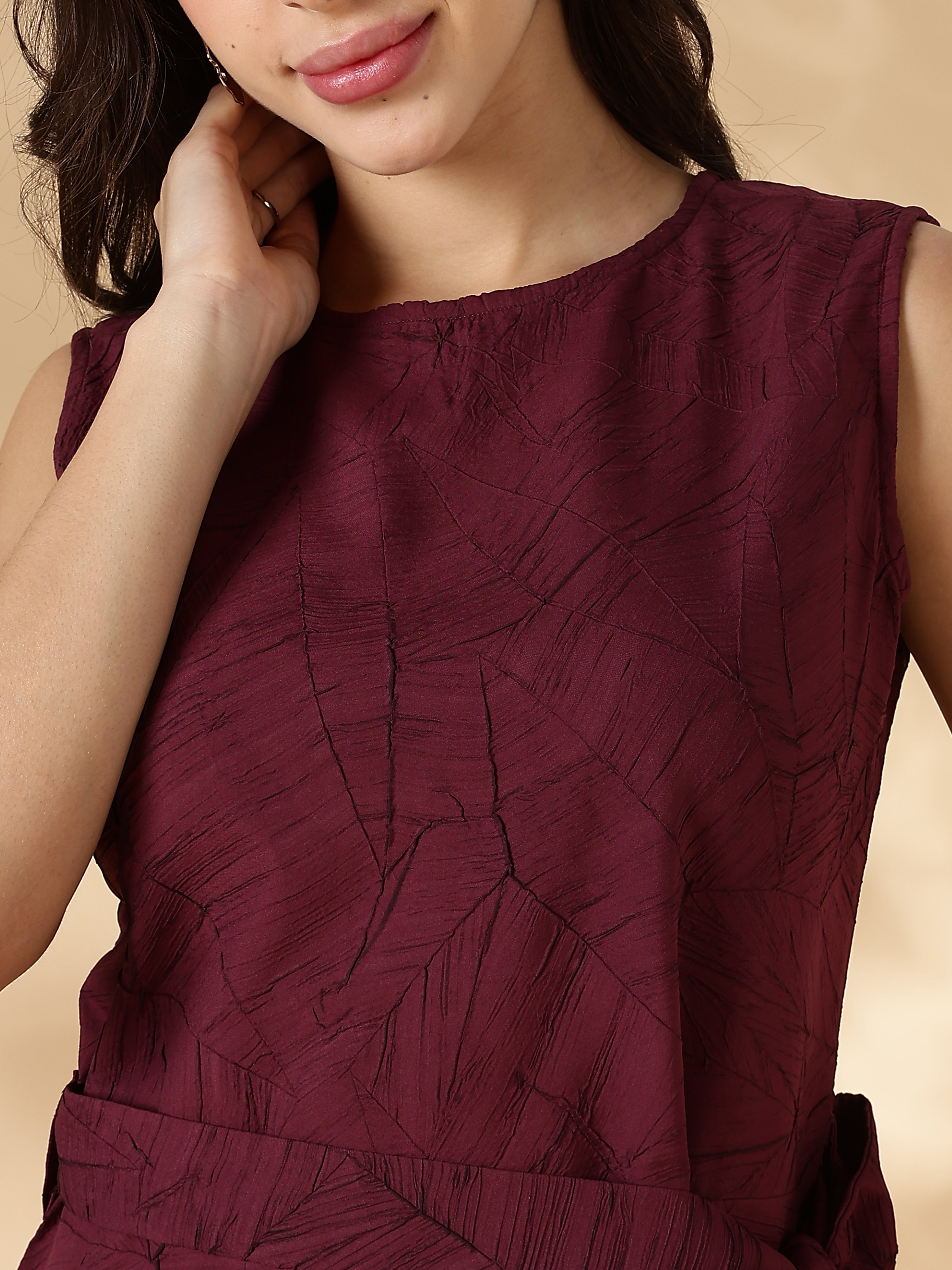 Women Maroon Textured Short Dress