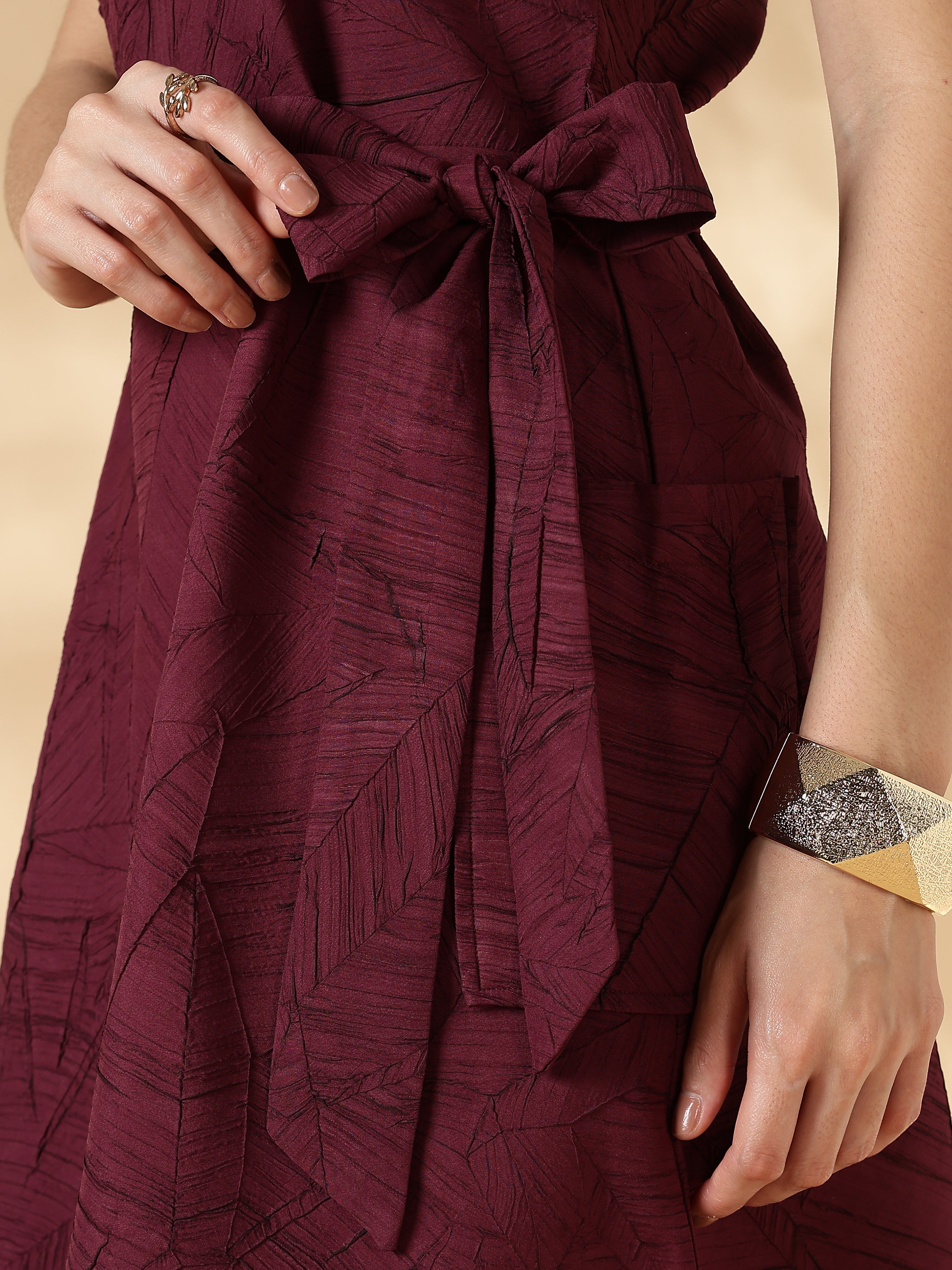 Women Maroon Textured Short Dress