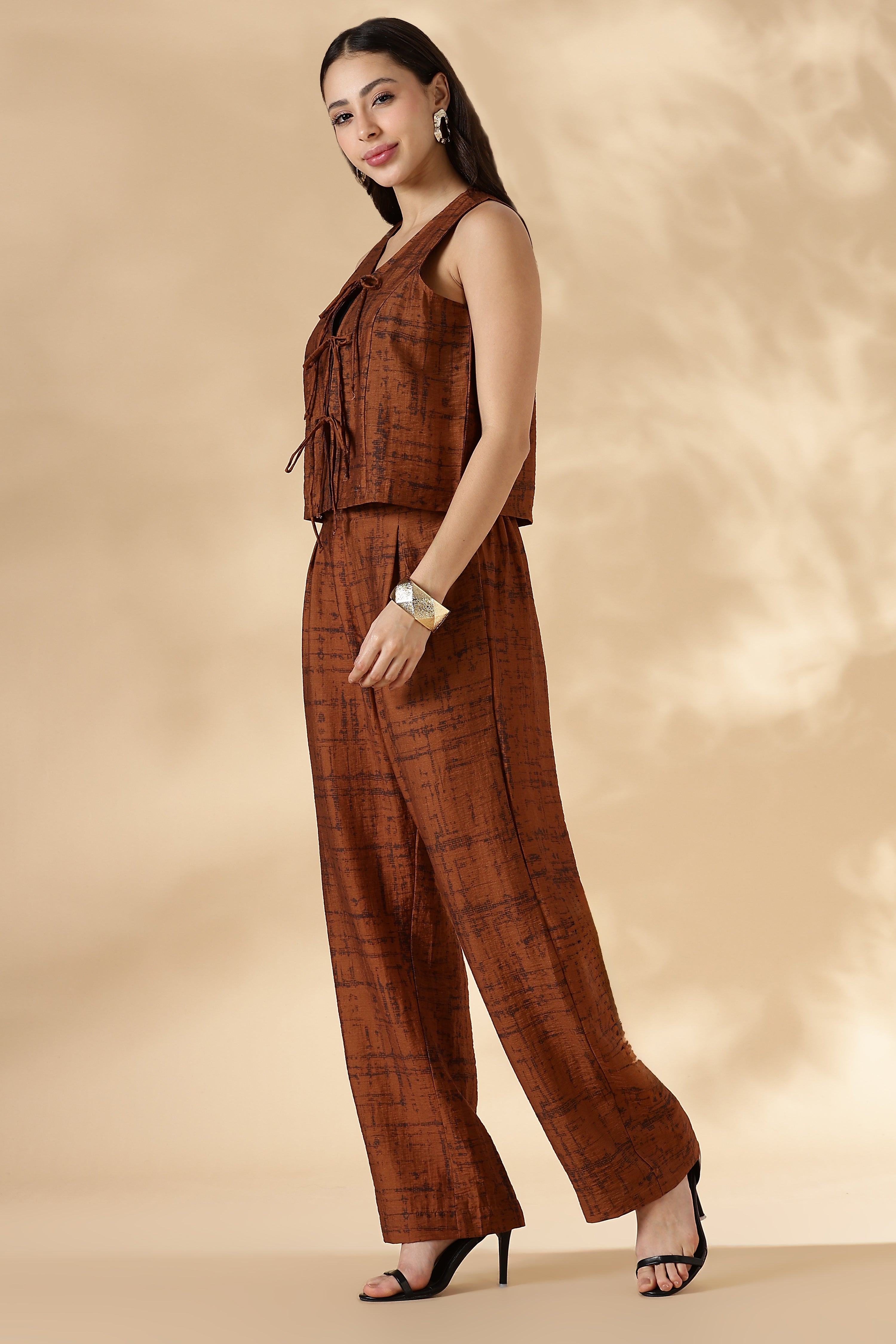 Women Copper Sleeveless Top With Front Tie-Ups