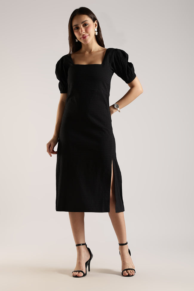 Women Black Textured Midi Dress