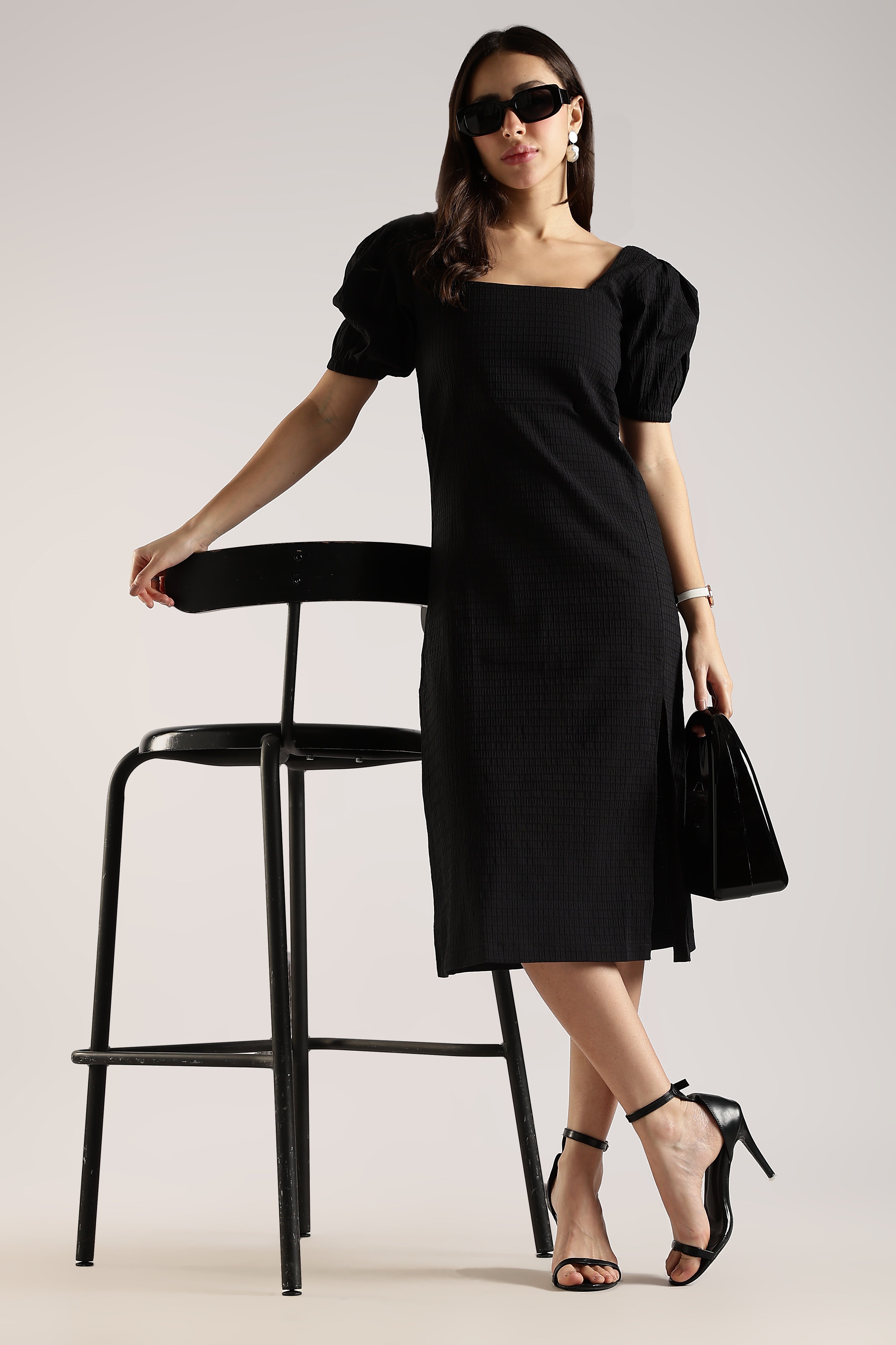 Women Black Textured Midi Dress