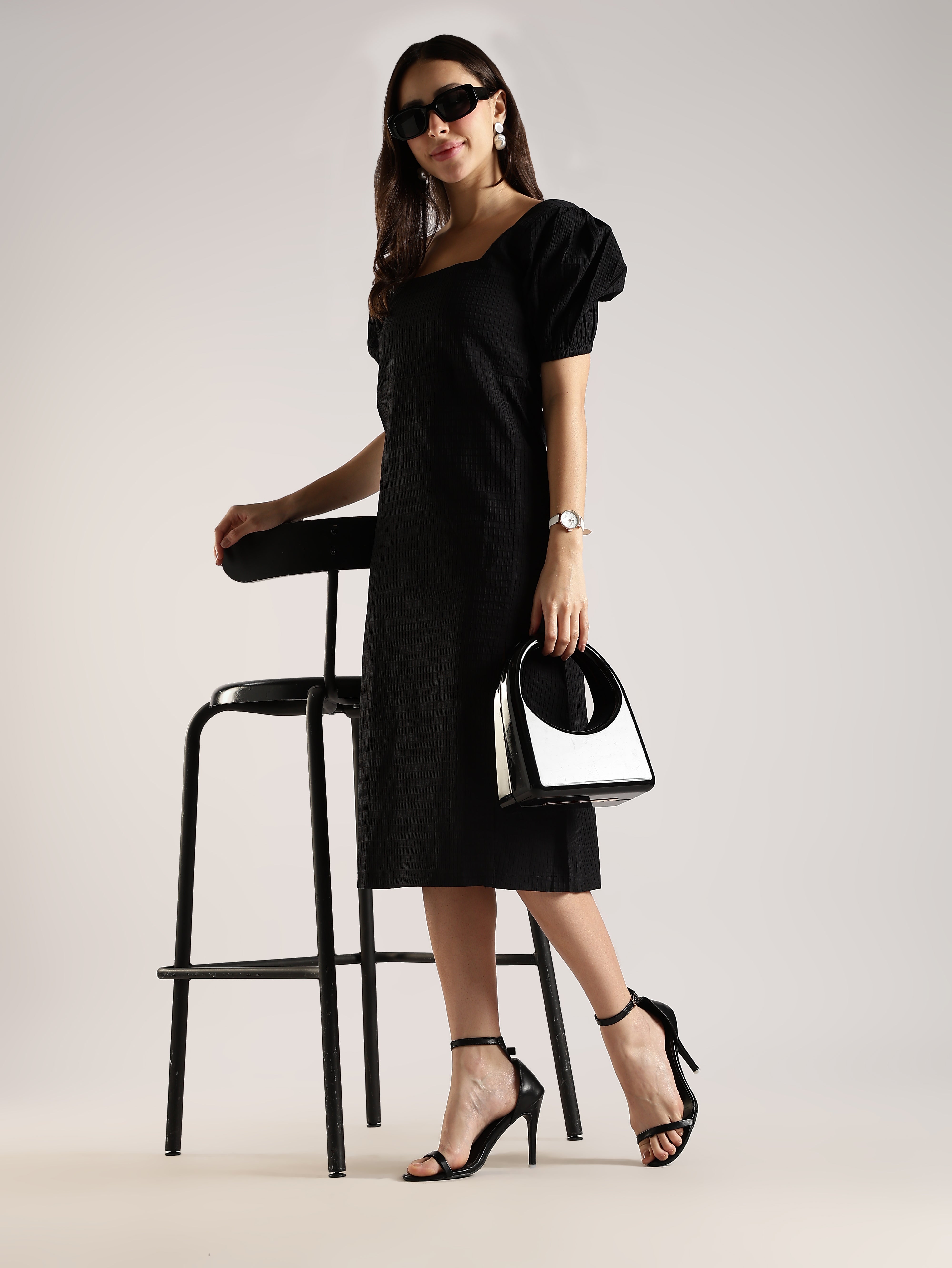 Women Black Textured Midi Dress