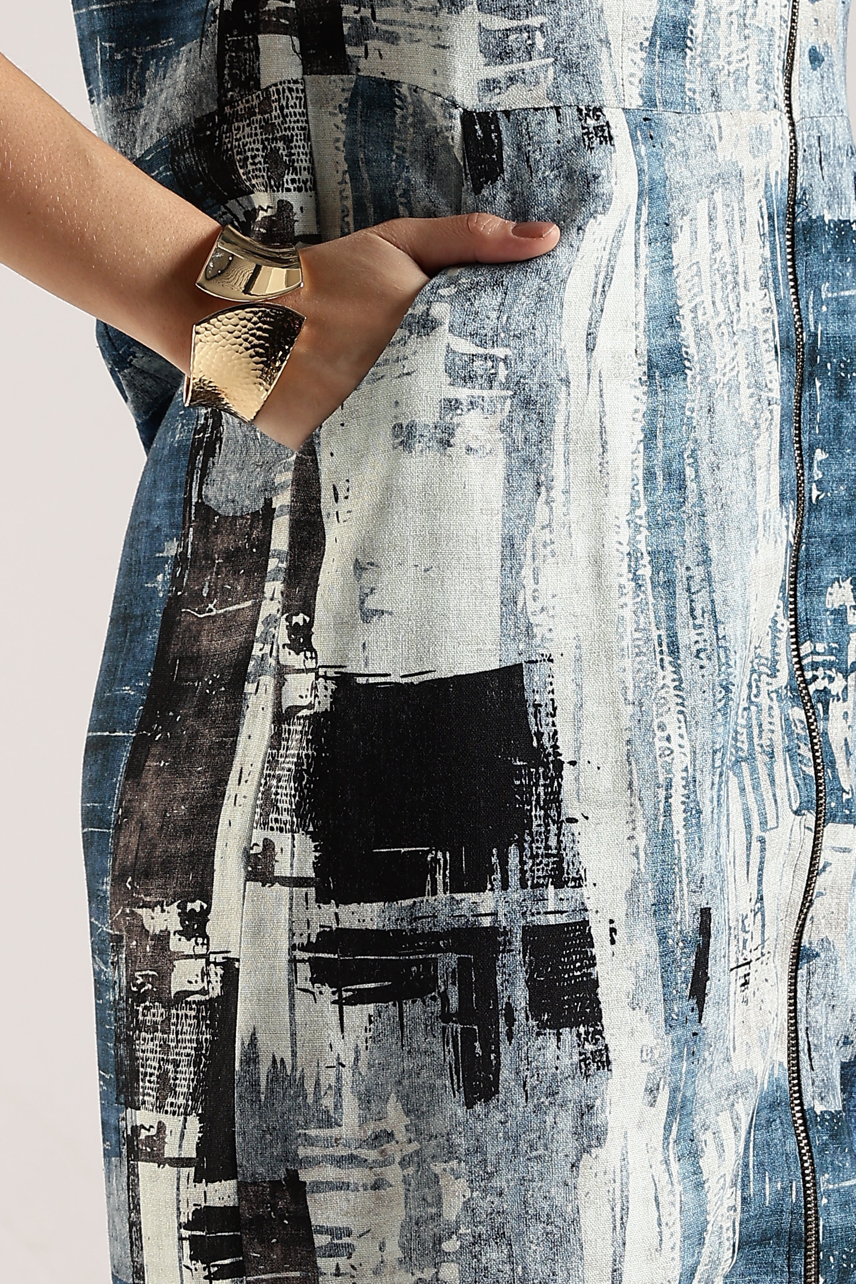 Women Blue Front Zipper Shirt Dress