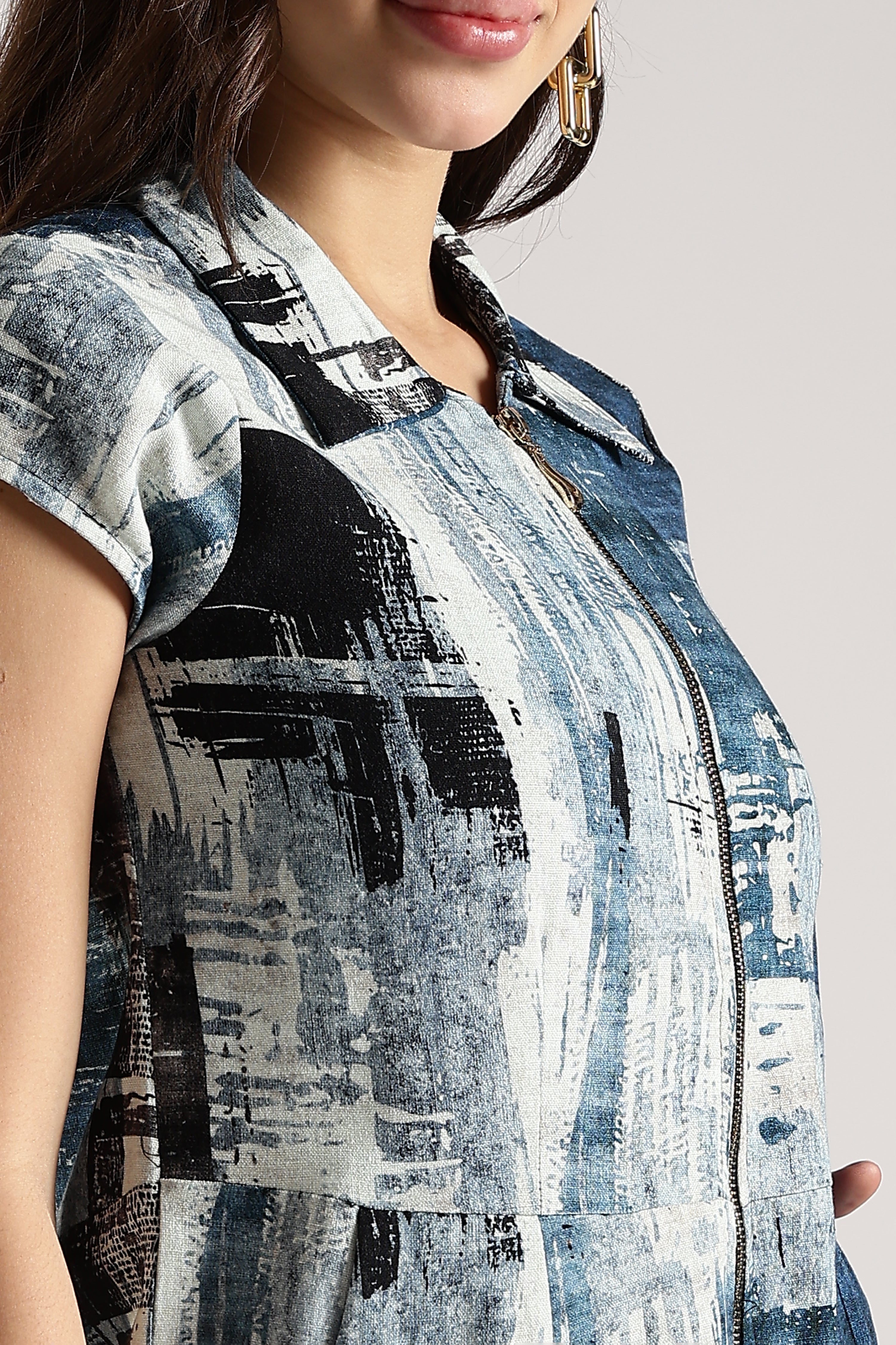 Women Blue Front Zipper Shirt Dress