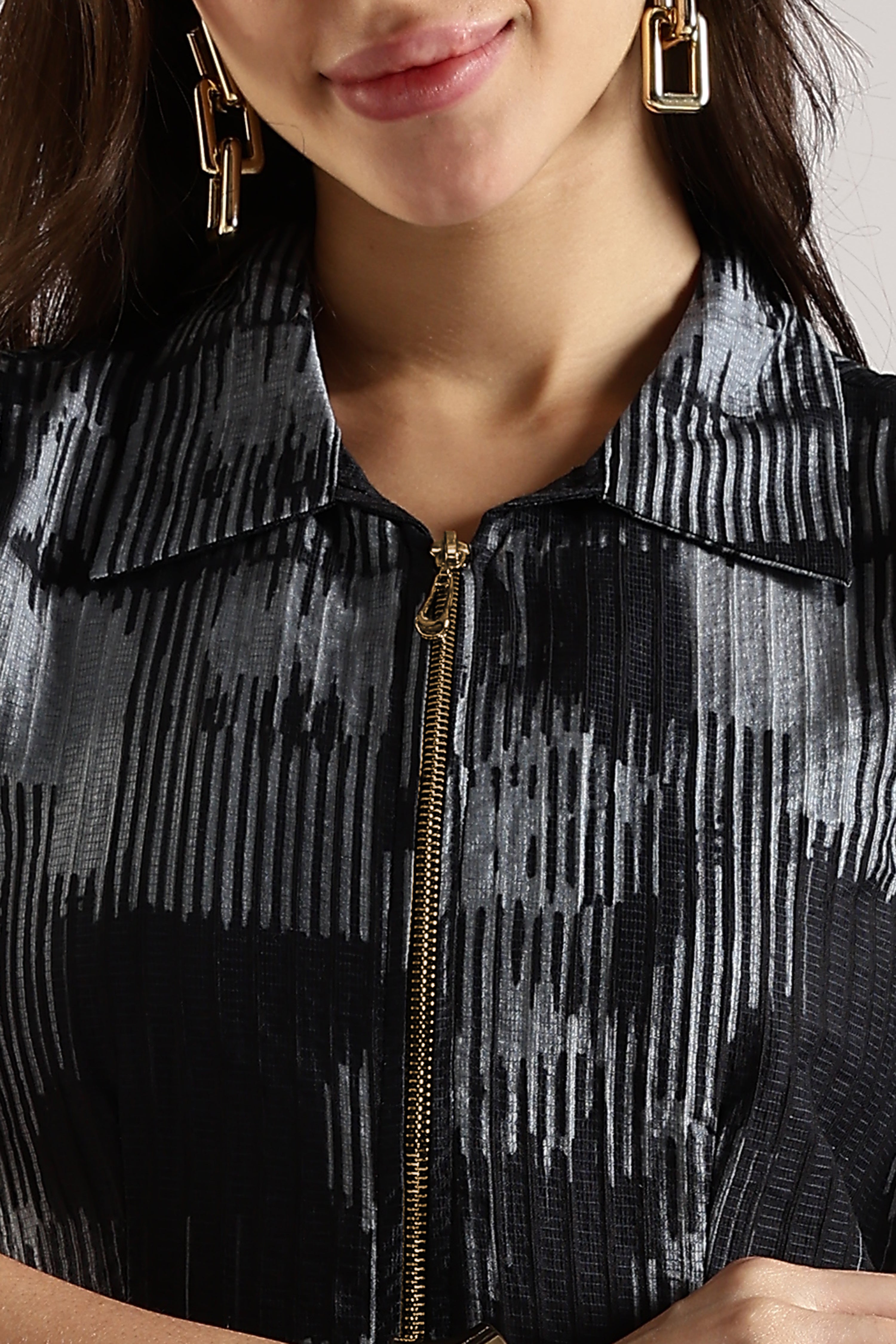 Women Black Front Zipper Shirt Dress