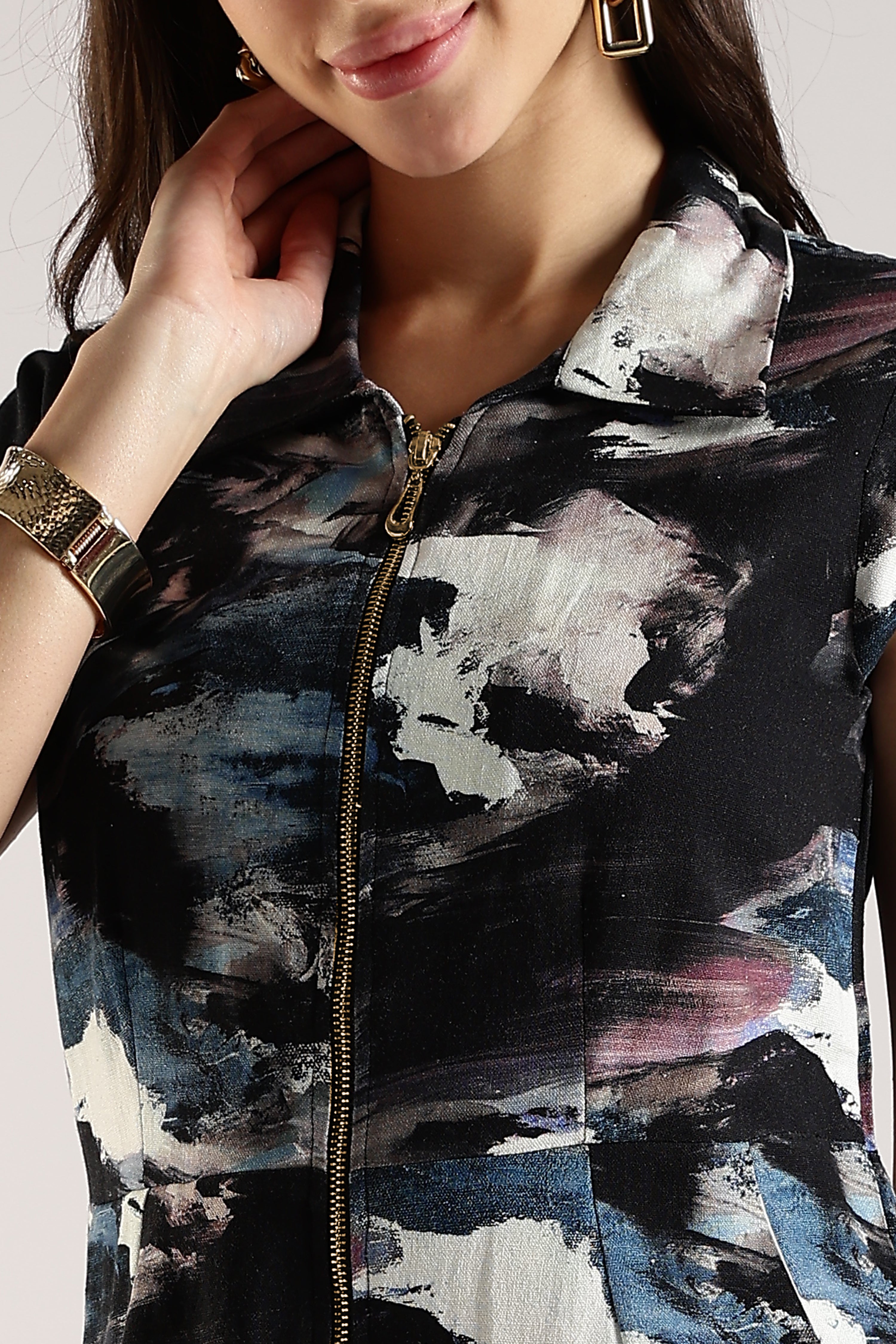 Women Dark Blue Front Zipper Shirt Dress