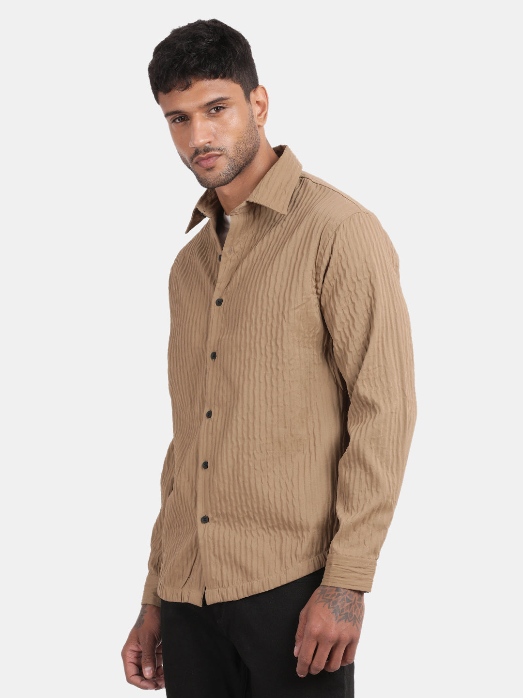 Men Brown Slim Fit Spread Collar Full Sleeve Casual Shirt