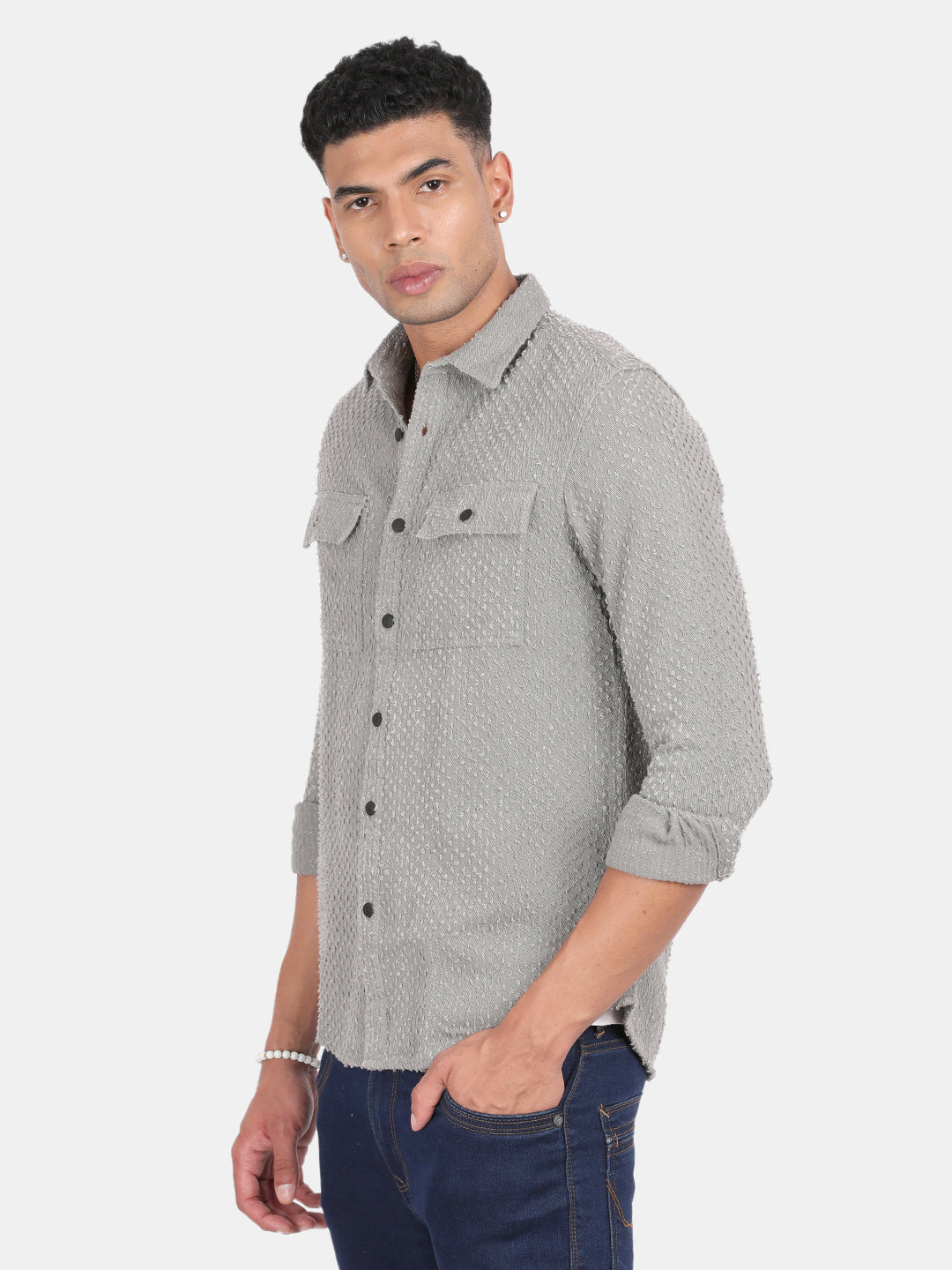 Men Grey Slim Fit Spread Collar Full Sleeve Casual Shirt
