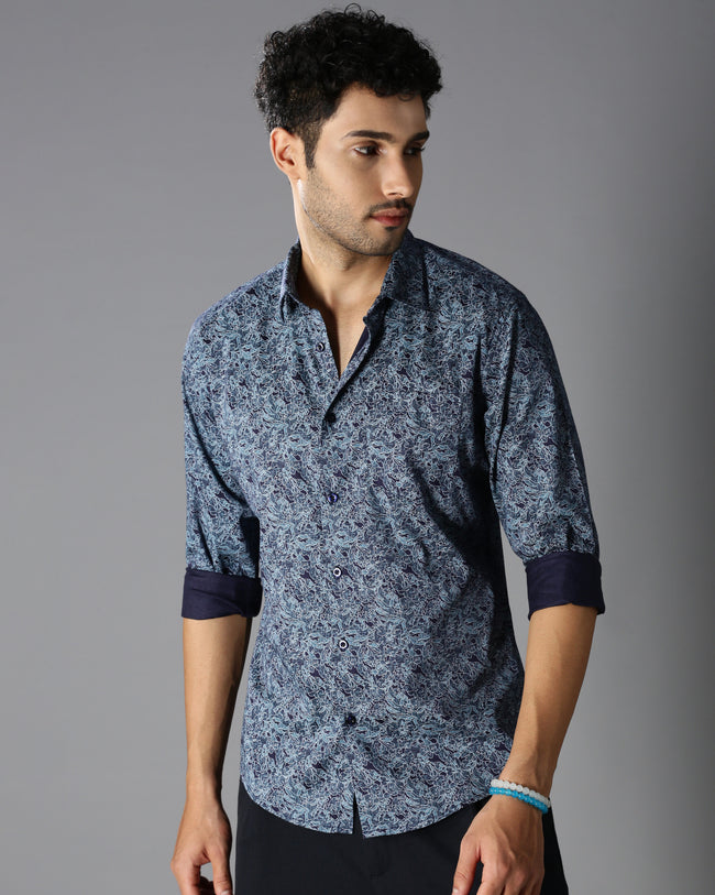 Men Blue Cotton Slim Shirt
