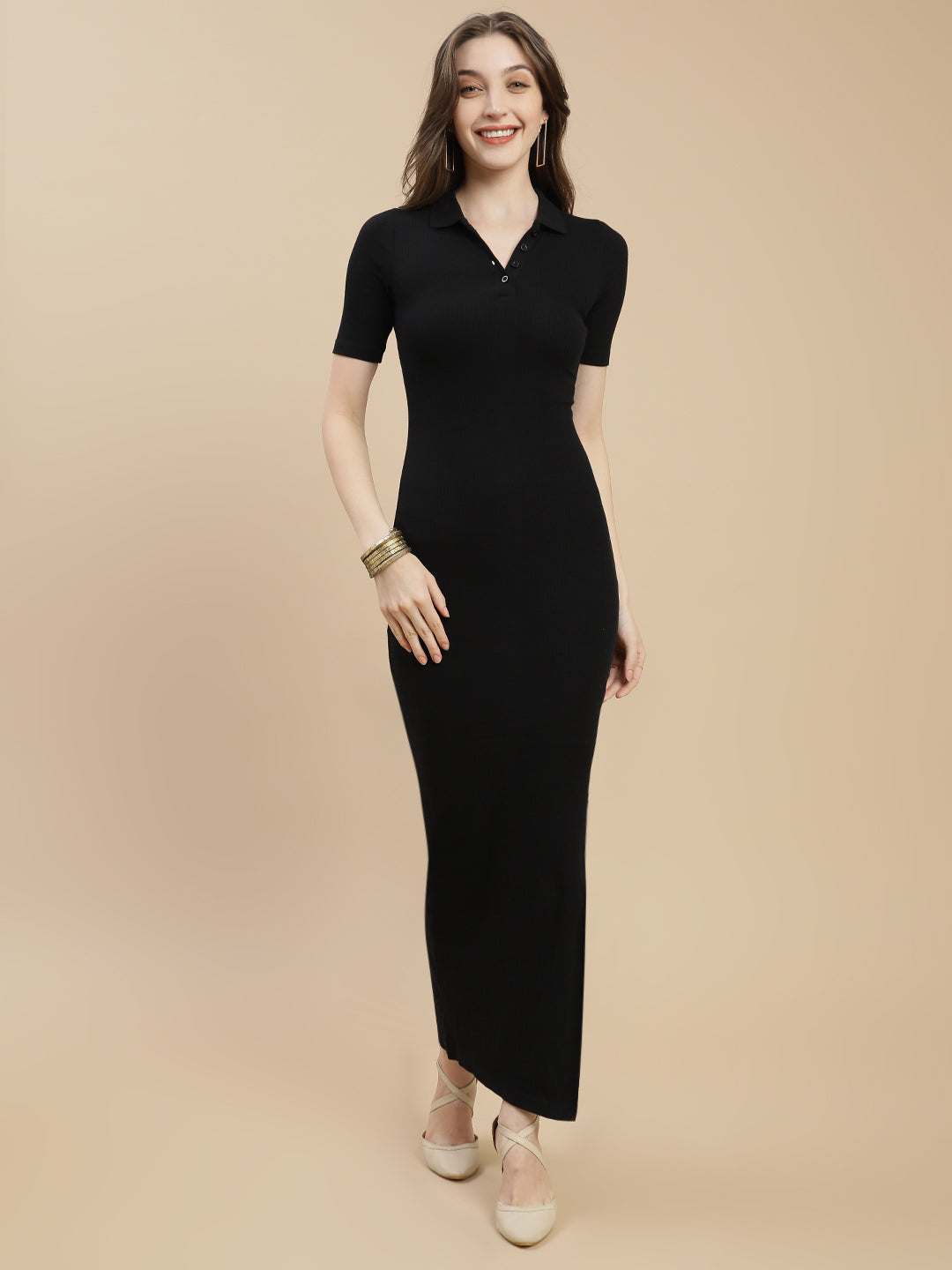 Women Black Polo Dress With Side Slit