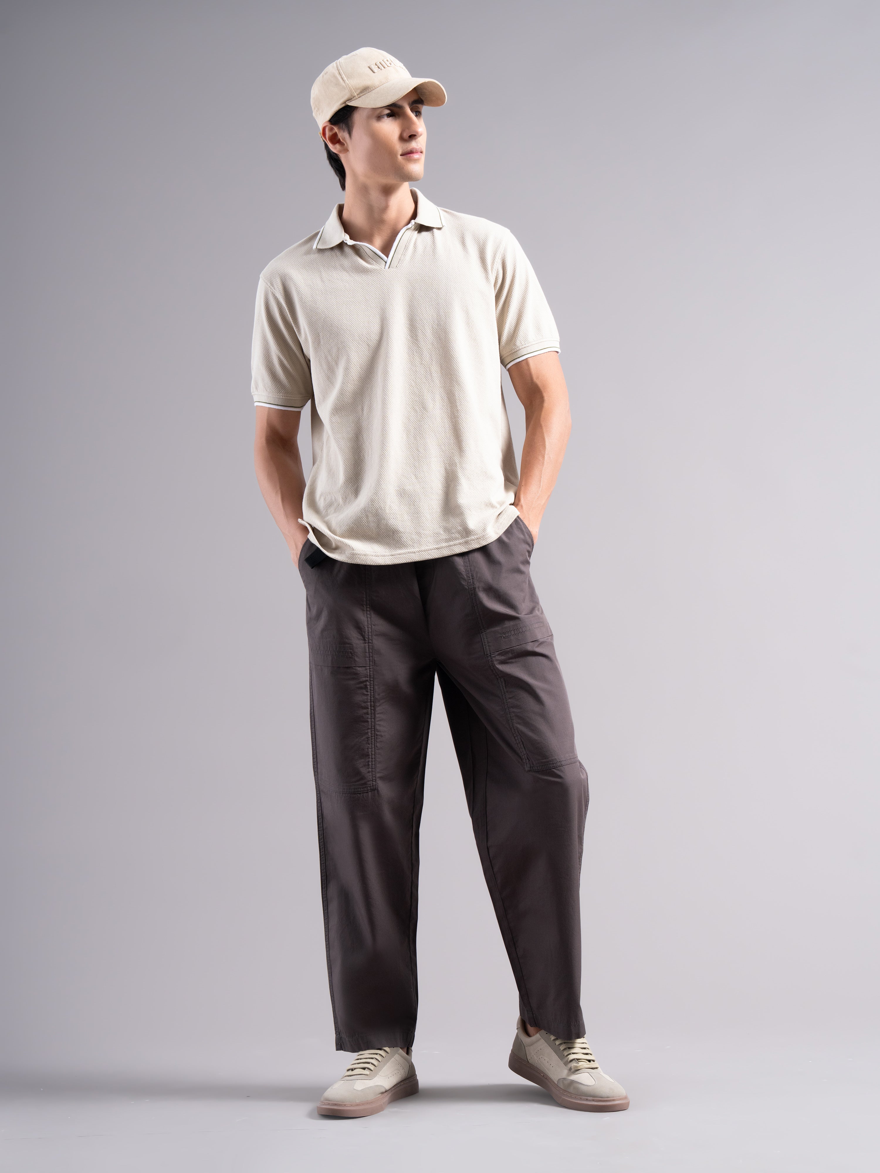 Men Grey Buckle Waist Trousers
