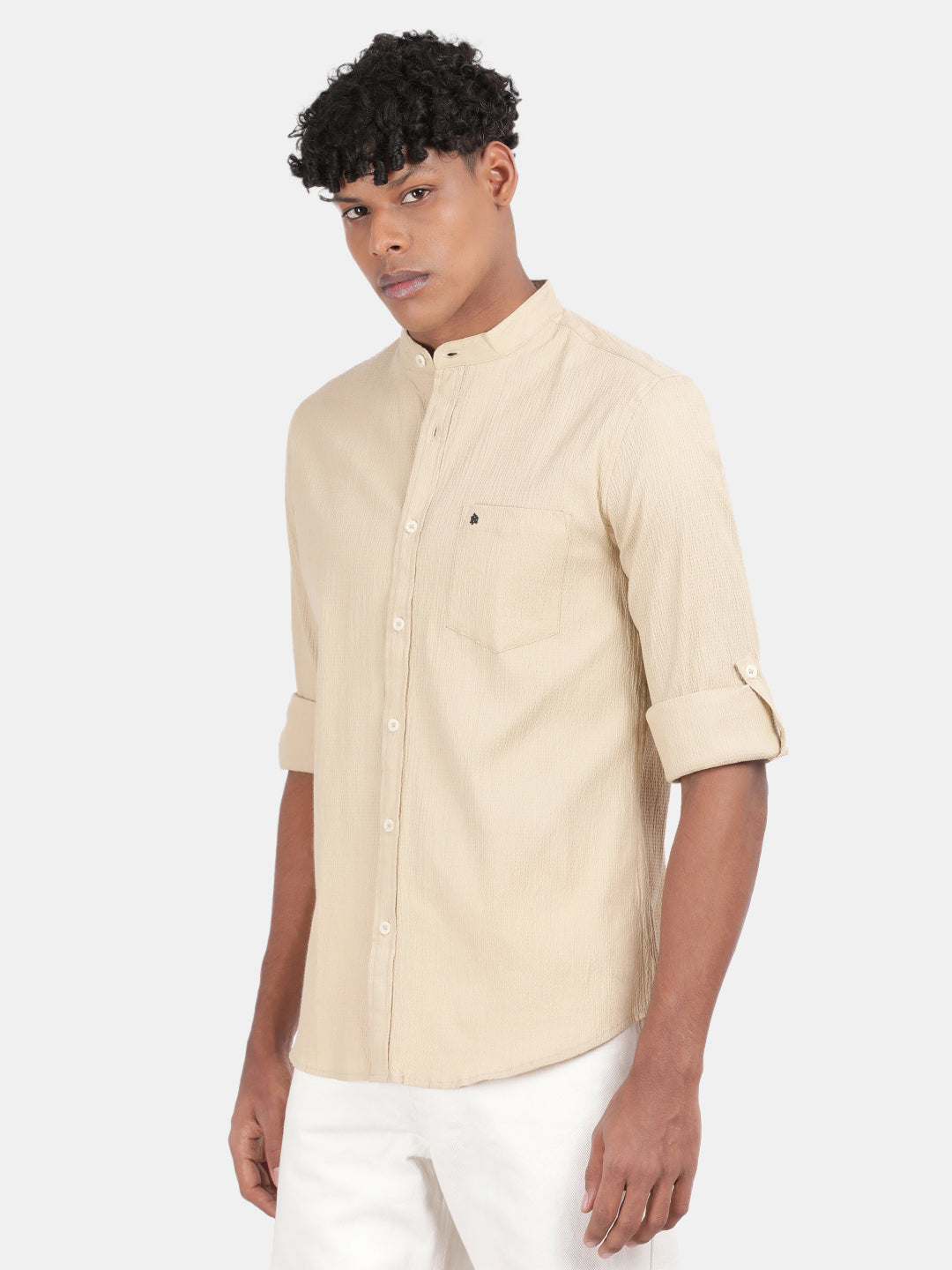 Men Cream Slim Fit Mandarin Collar Full Sleeve Casual Shirt