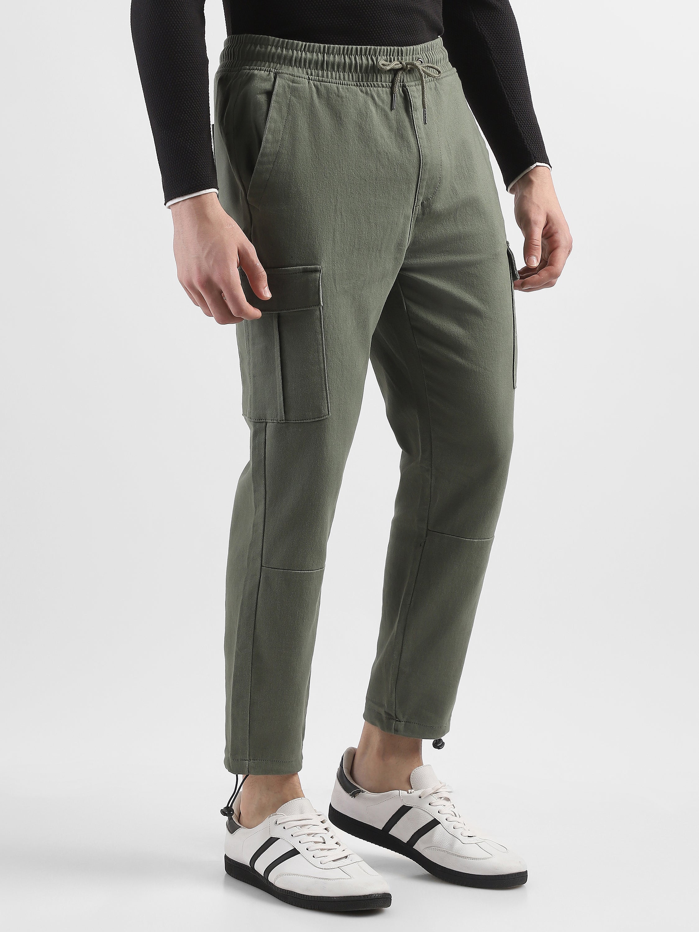 Men Olive Cotton Polyester Cargo Pants with Adjustable Bottom Hem