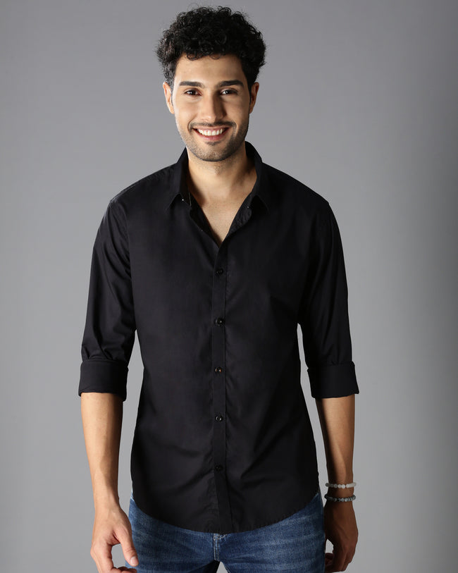 Men Black Cotton Slim Shirt