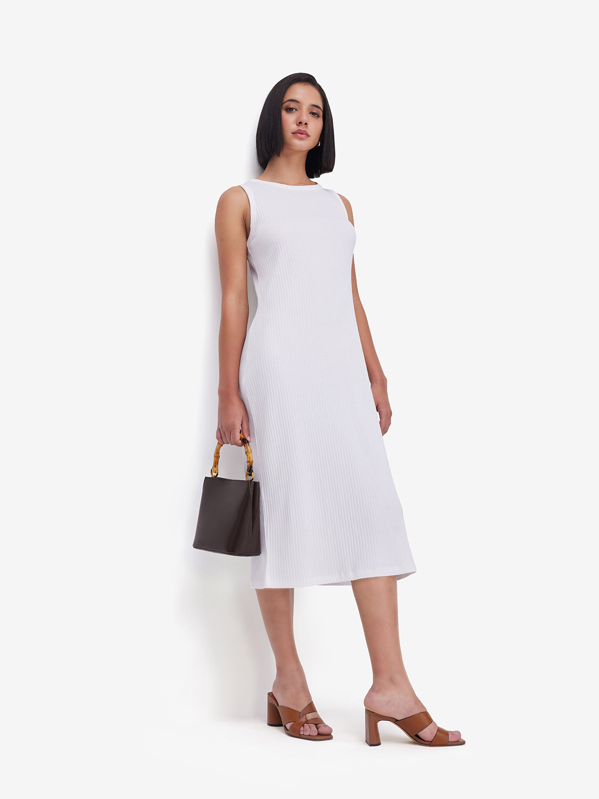 Women White Ribbed Side Slit Midi Dress