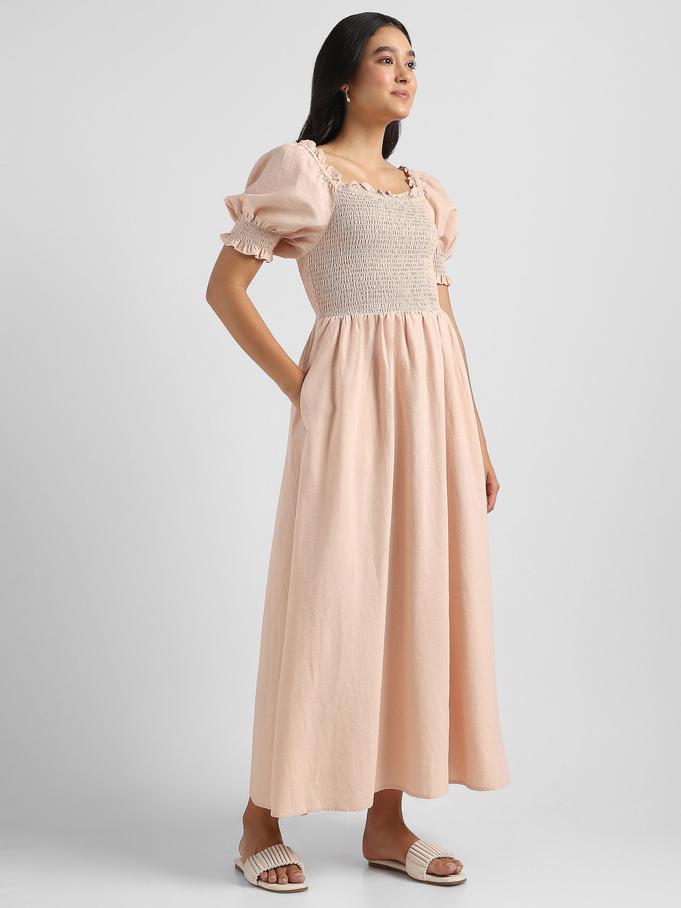 Women Solid Peach Baloon Sleeve Maxi Dress