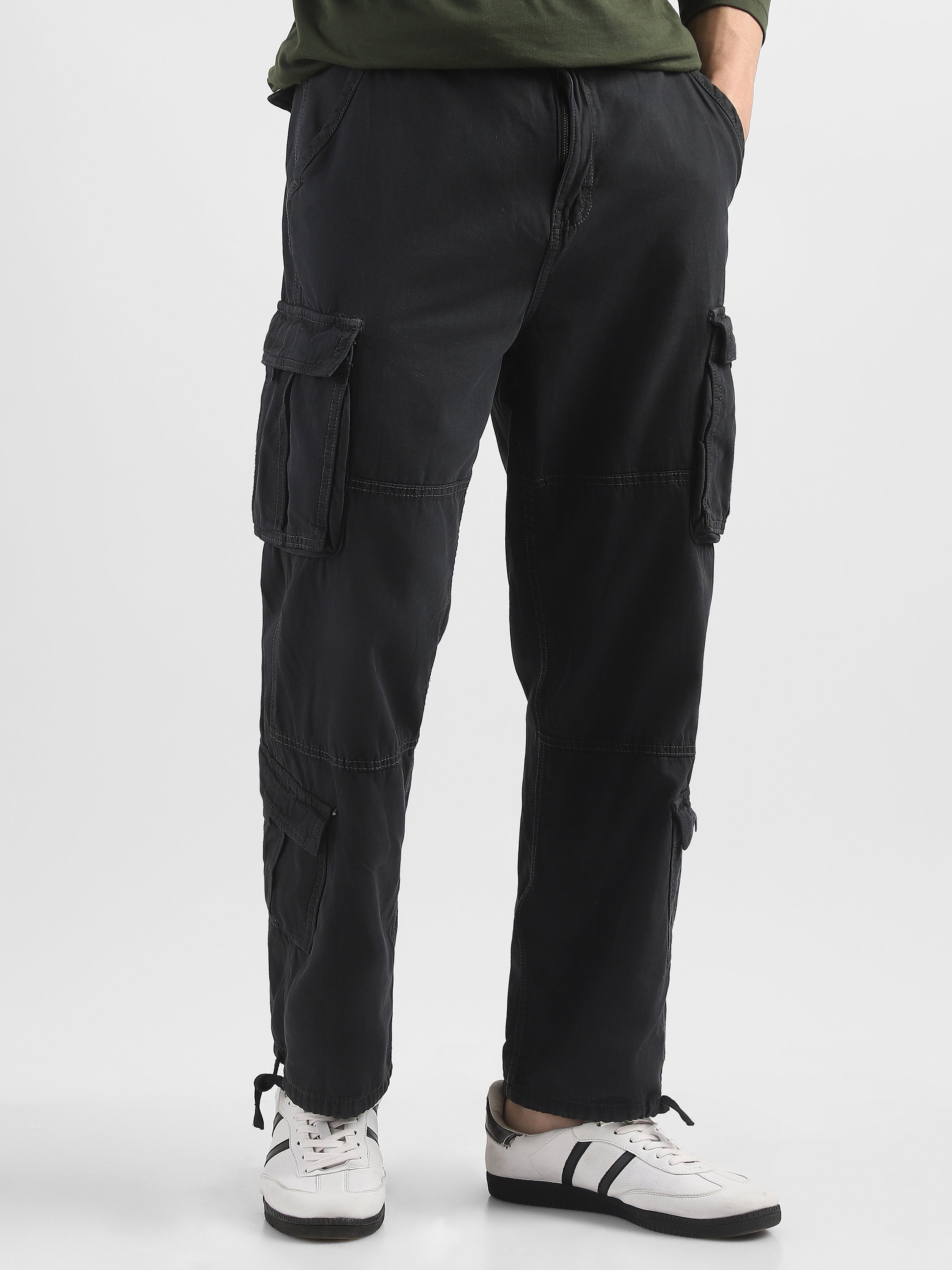 Men Black Cotton Blend Cargo Pants with 8 Pockets