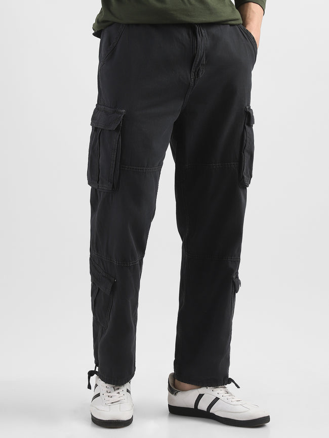Men Black Cotton Blend Cargo Pants with 8 Pockets