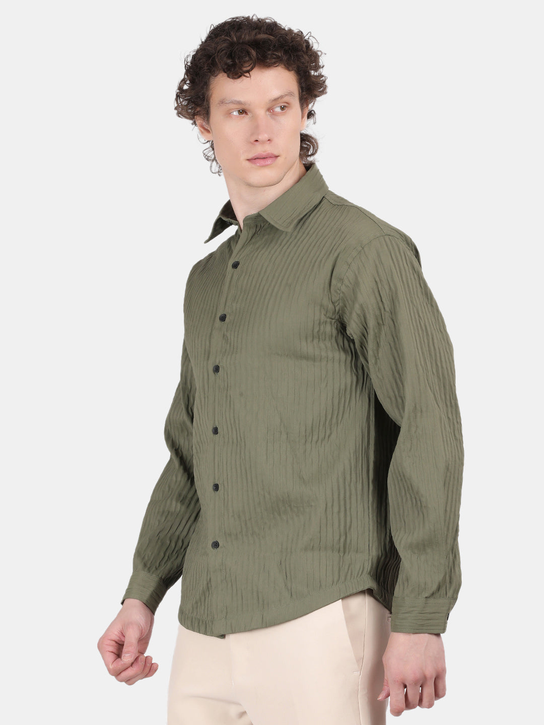 Men Light Green Slim Fit Spread Collar Full Sleeve Casual Shirt