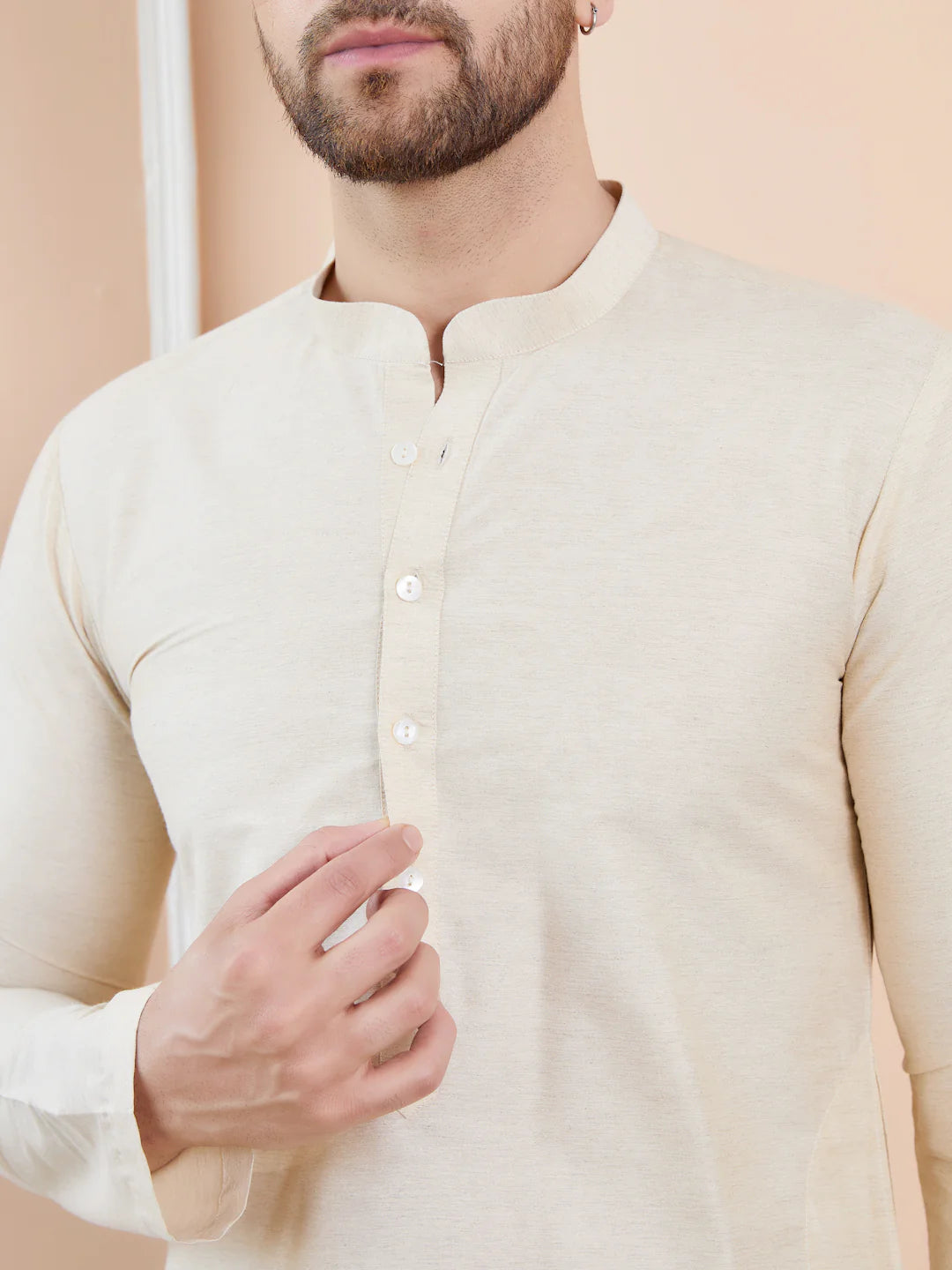 Men Cream Cotton Solid Straight Kurta